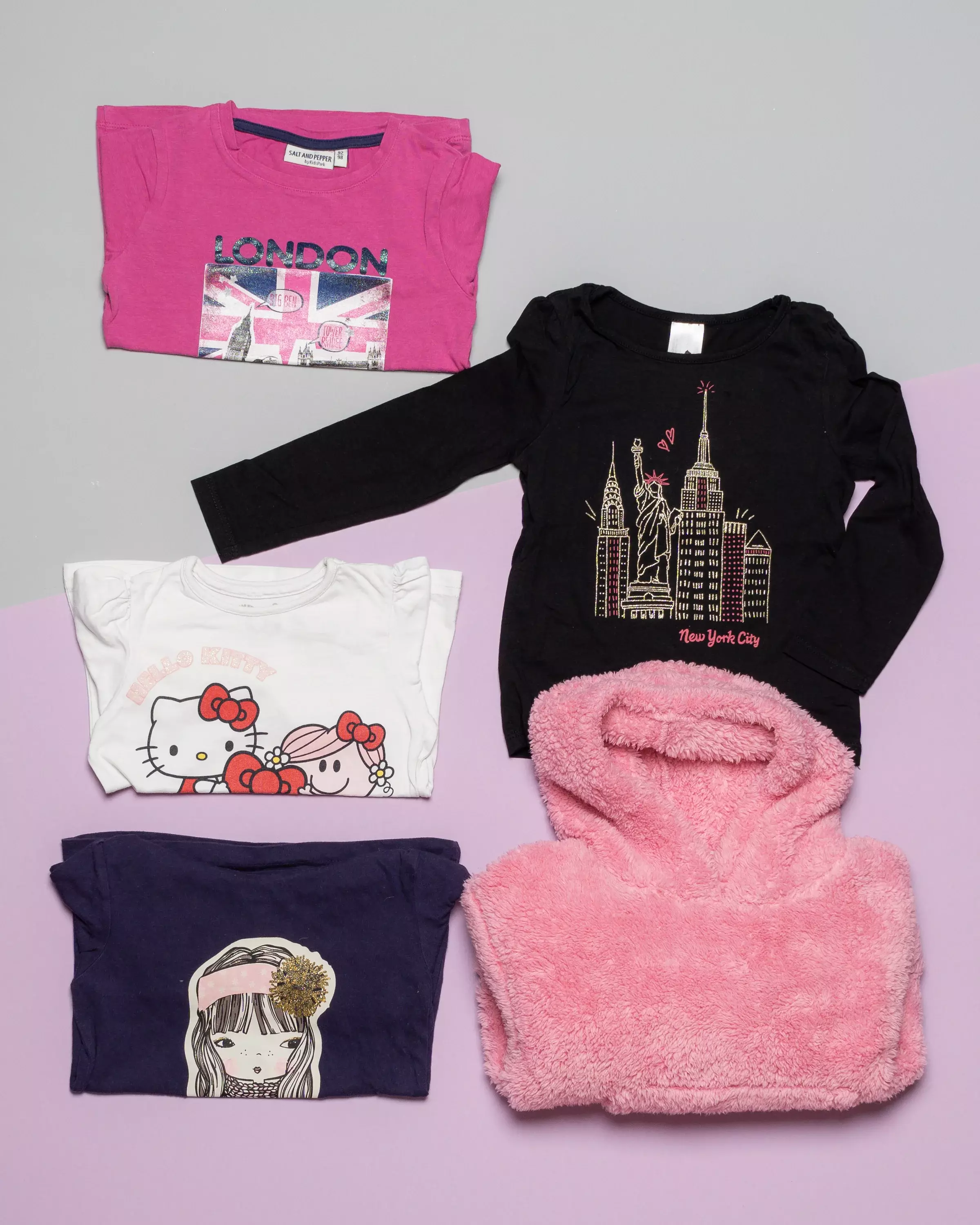 4 Langarmshirts & 1 Pullover Gr. 98 - Hello Kitty, Print, Teddyfell Comic