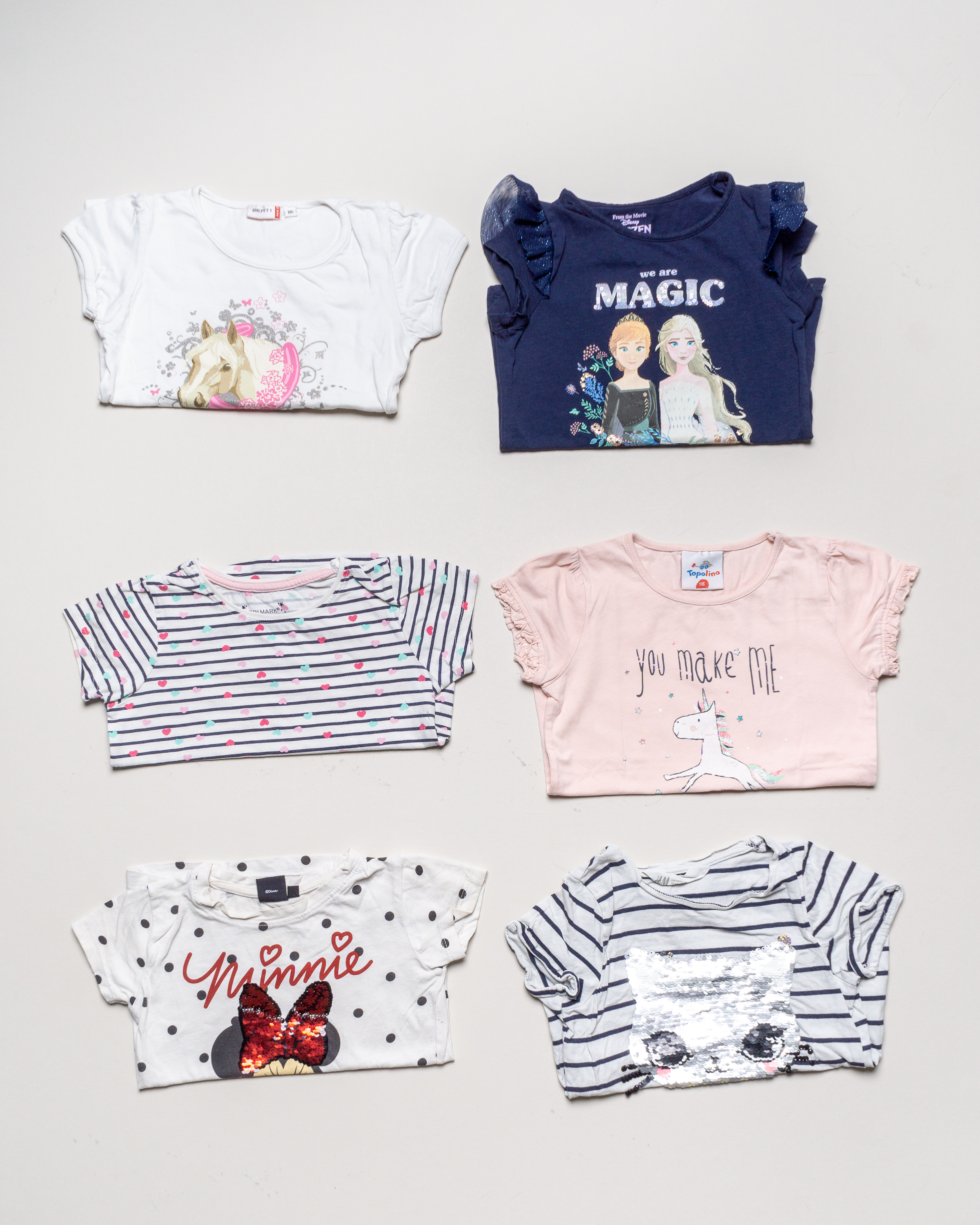 6 T-Shirts Gr. 110/116 – Elsa Anna Disney Pferde Minnie Mouse Pailletten Mädchen Jungen