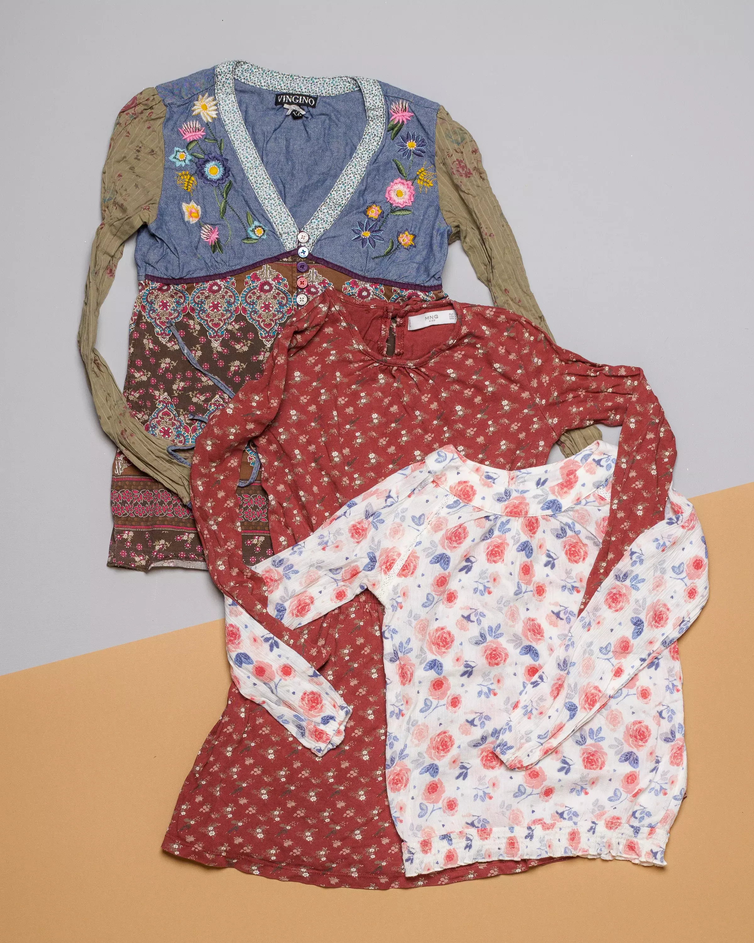 3 Teile – Kleid, Tunika & Bluse Gr. 128 – Mango, Blumen, Print