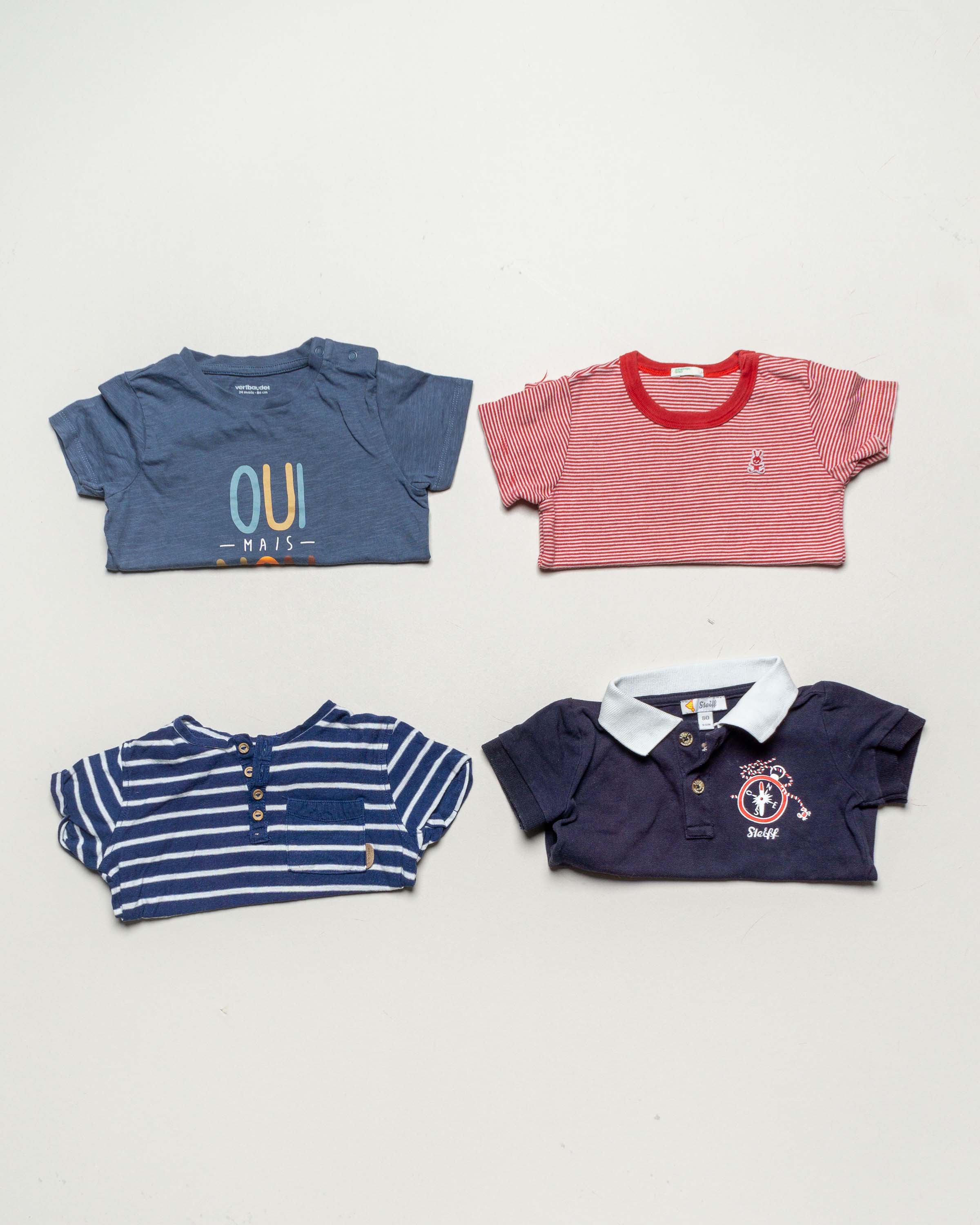 4 T-Shirts Gr. 86 – blau – grau weiß braun Mädchen Jungen Set Pack