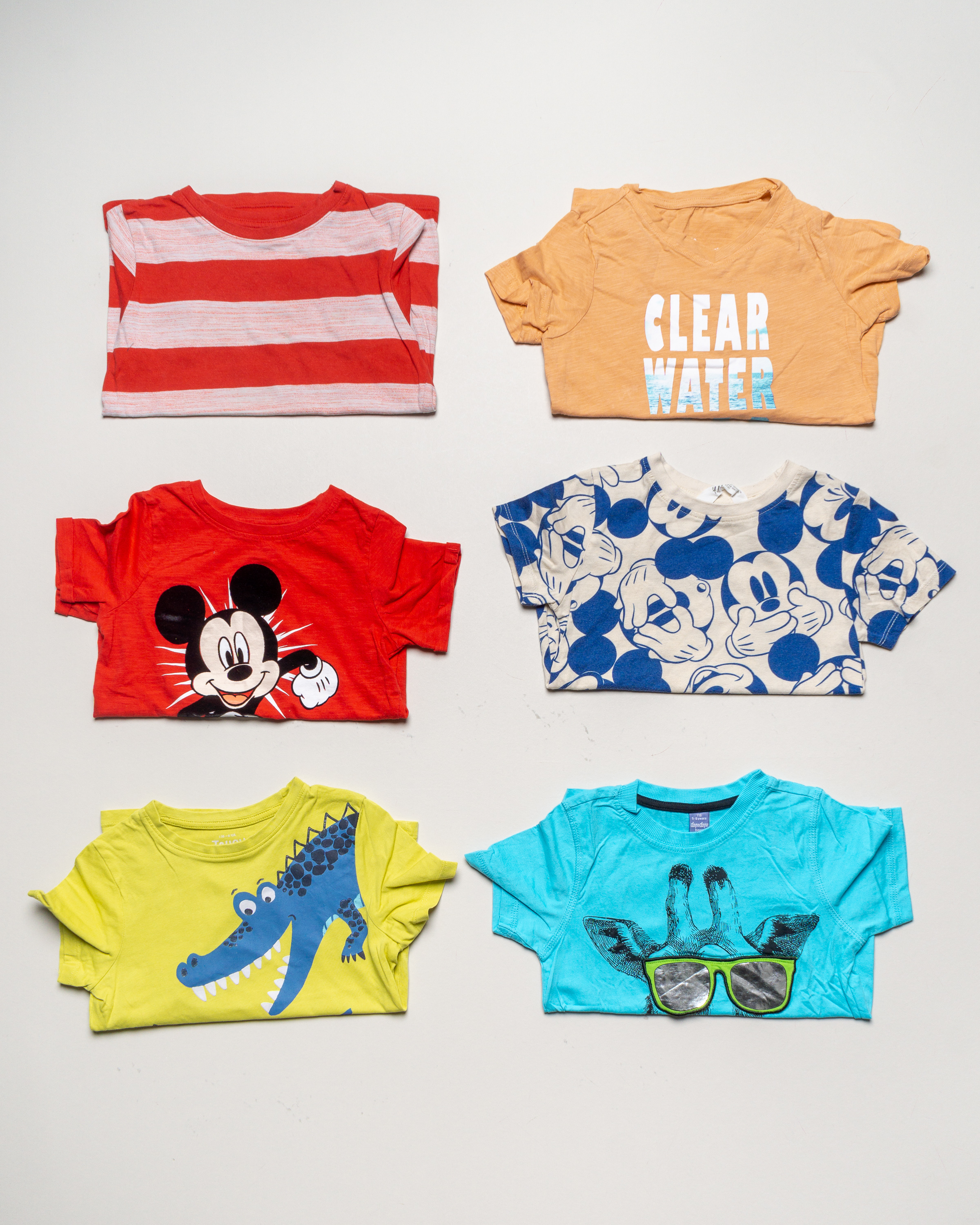 6 T-Shirts Gr. 110/116 – orange Mickey Mouse Tiere Ninjago bunt Jungen Mädchen gelb rot Prints