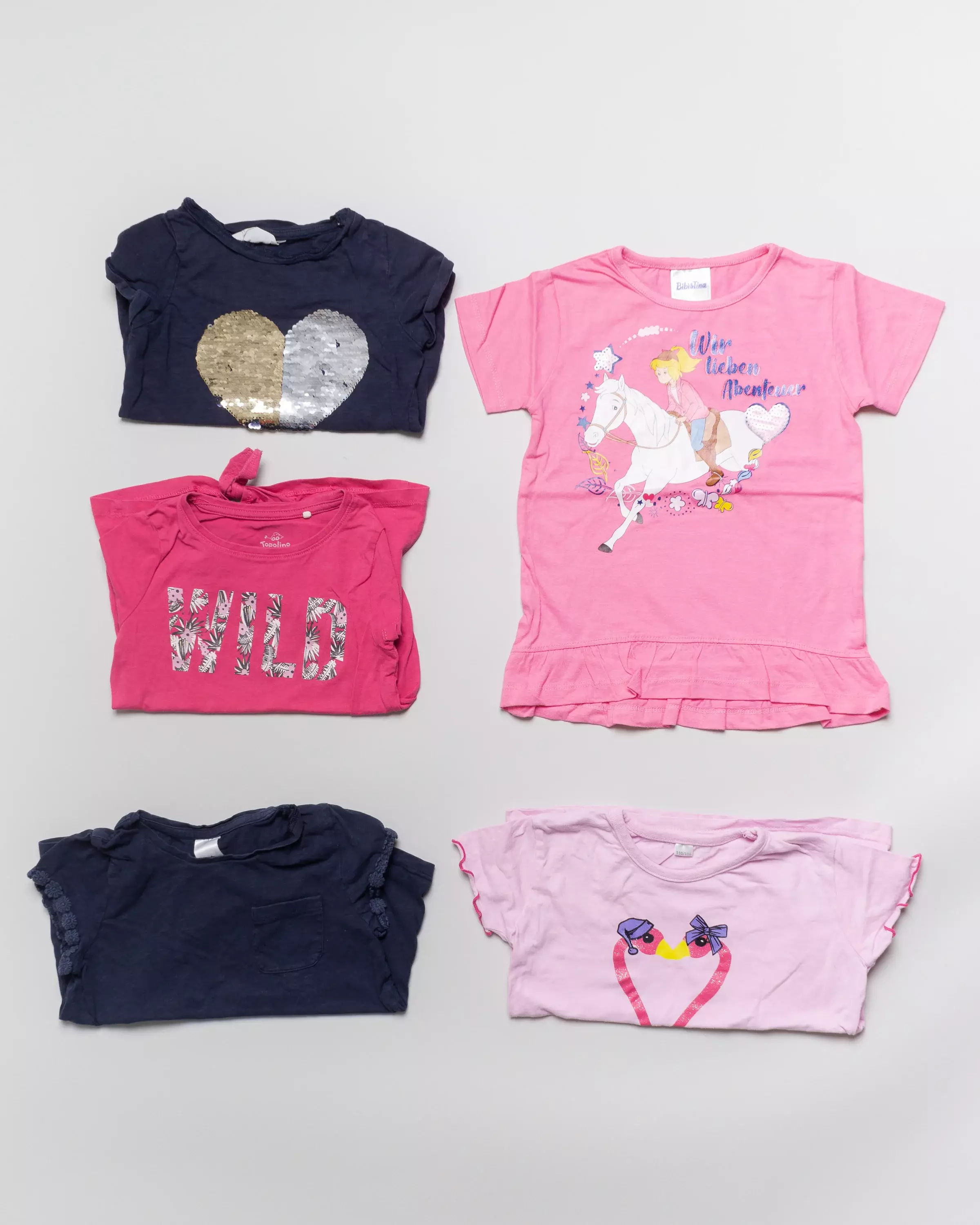 5 T-Shirts Gr. 110 – Bibi Blocksberg, Herz, Print, Flamingos, Blumen