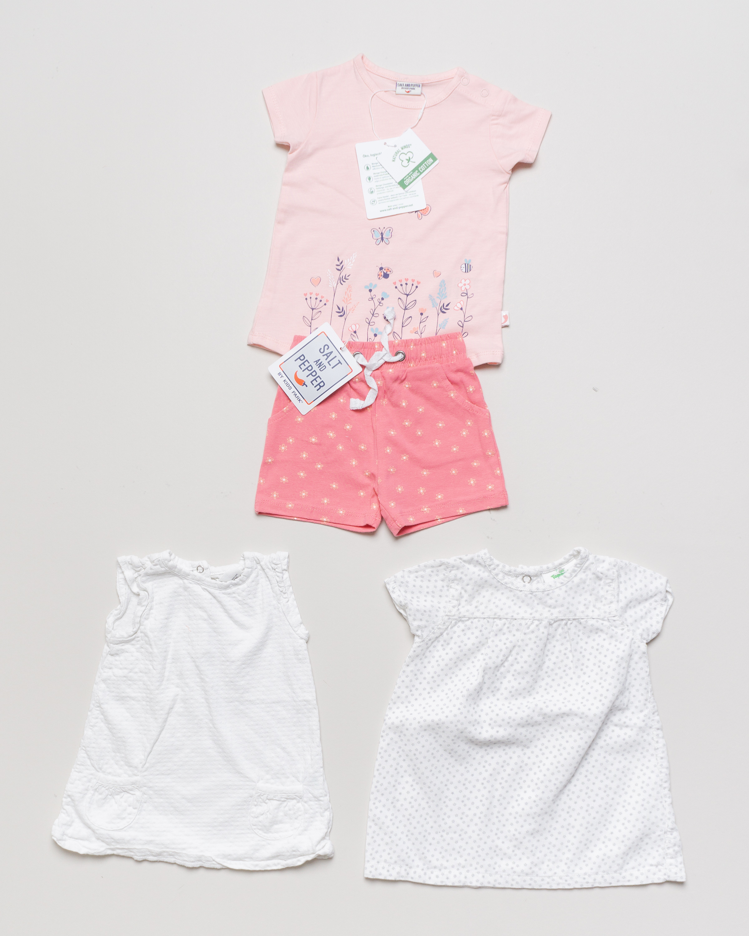 4er Set Gr. 68 – Bio NEU Salt and Pepper uni Kleider Shirts Shorts pastell zart 