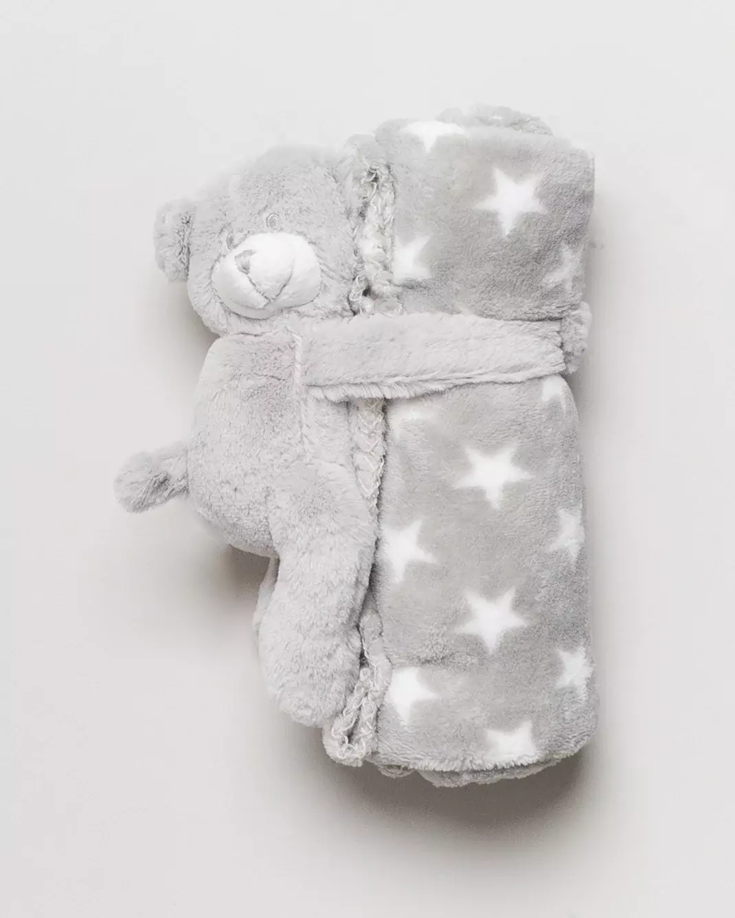 NEU Kuscheldecke mit Bär 75x75 cm – grau, flauschig, Sterne, Babydecke