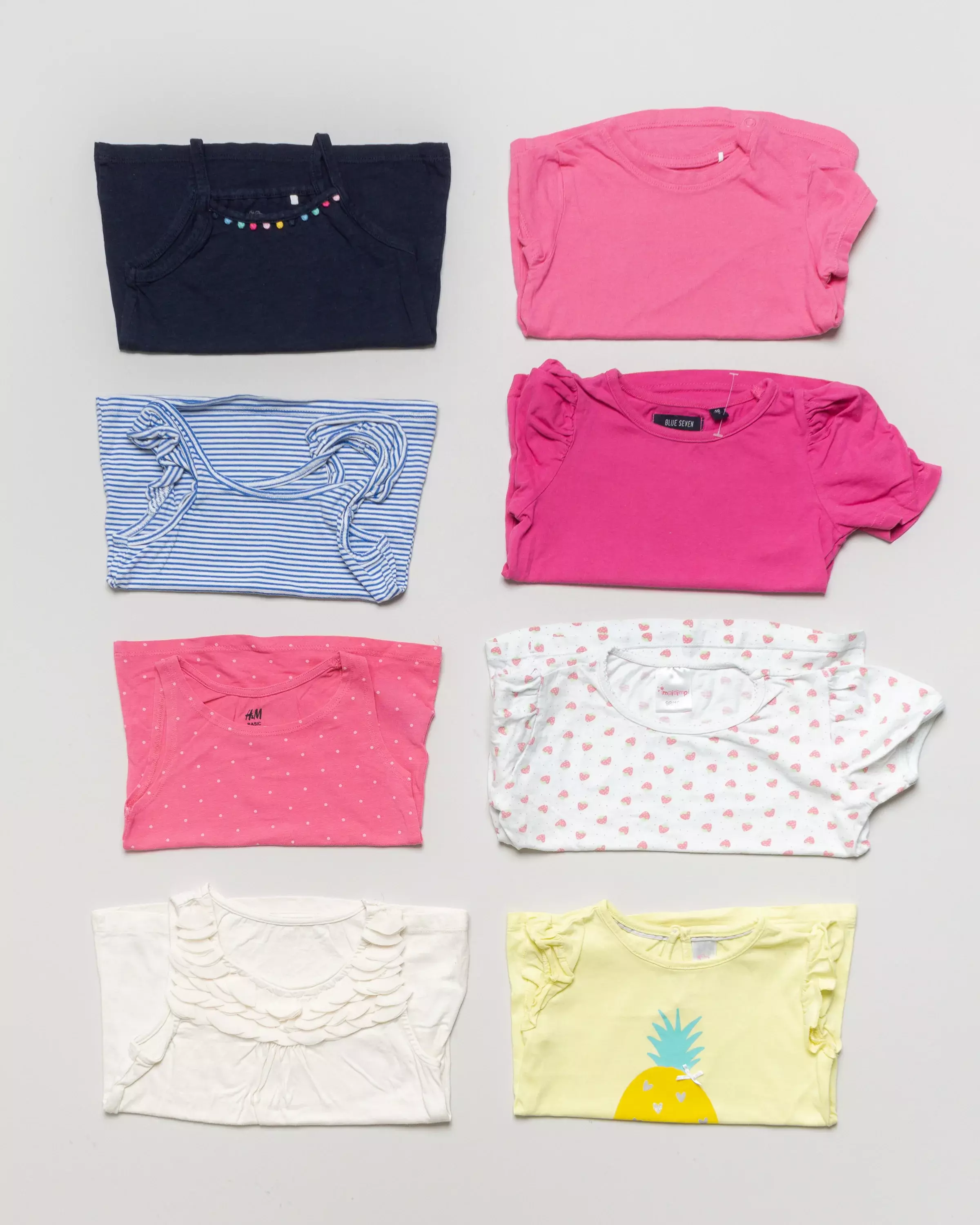 8 Shirts Gr. 92 – kurzarm Herzen Ananas Tops Mädchen T-Shirts pink Streifen Set Pack