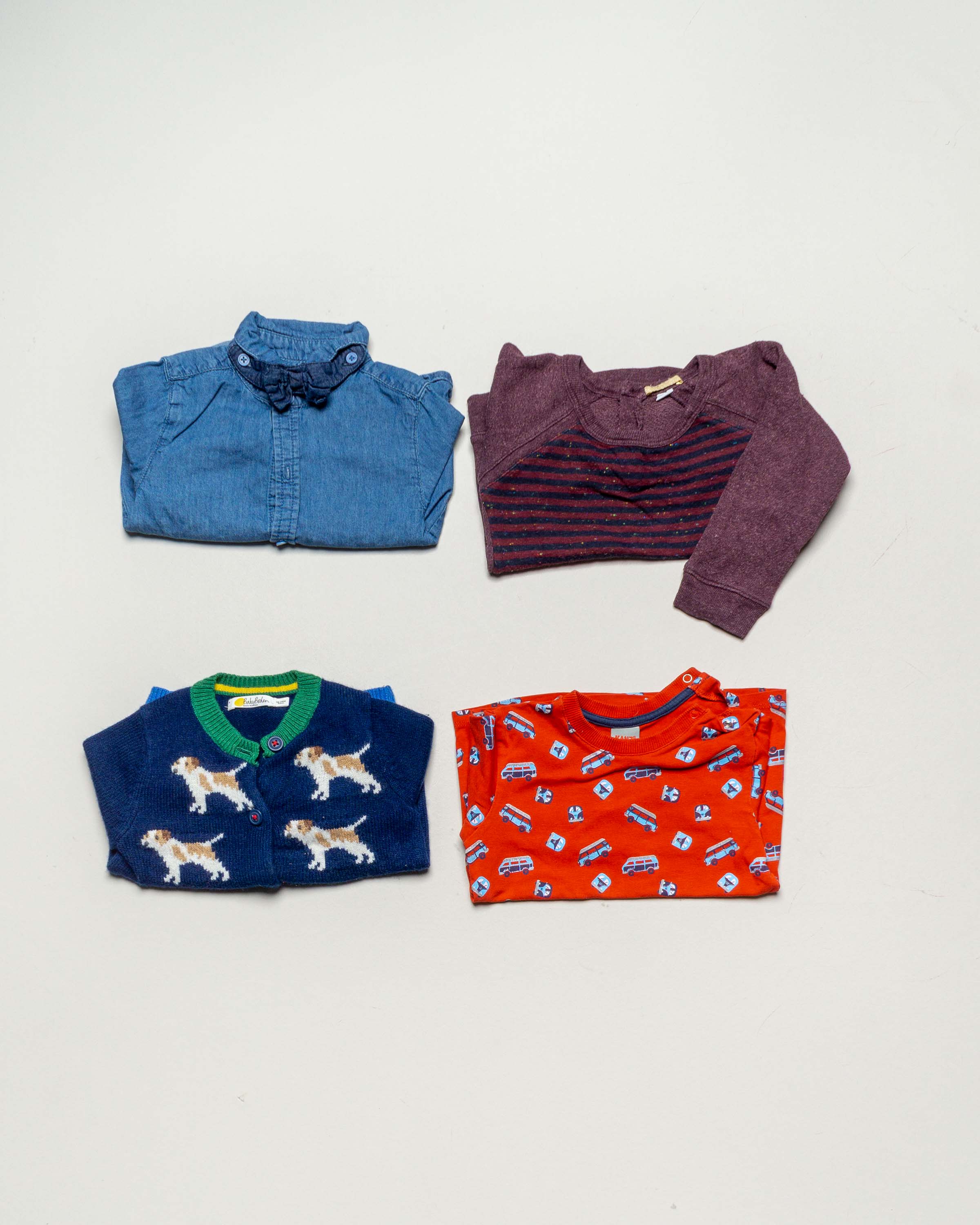 4 Oberteile Gr. 86 – 1x Baby Boden 1x Kanz bunt – kräftige Farben Pullover Hemd schick Muster Mädchen Jungen Set Pack