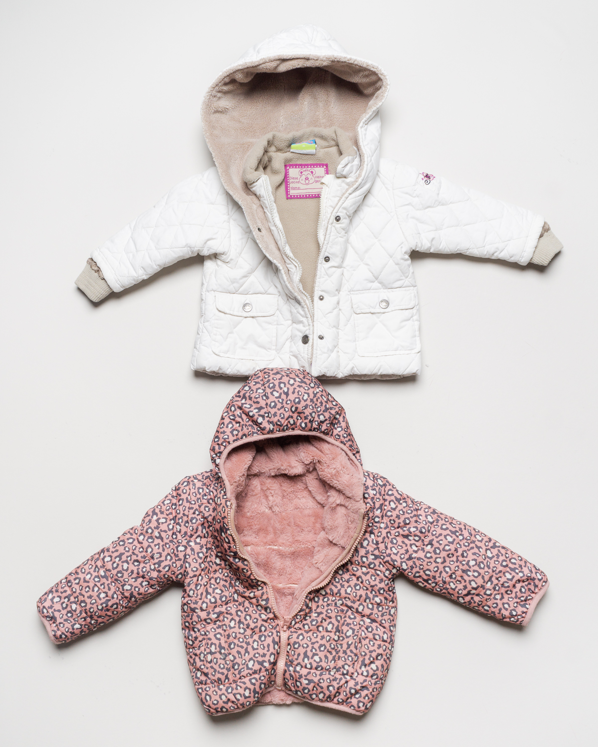 1 Jacke Gr. 86 – Winterjacke Steppjacke Fell flauschig weiß rosa Muster