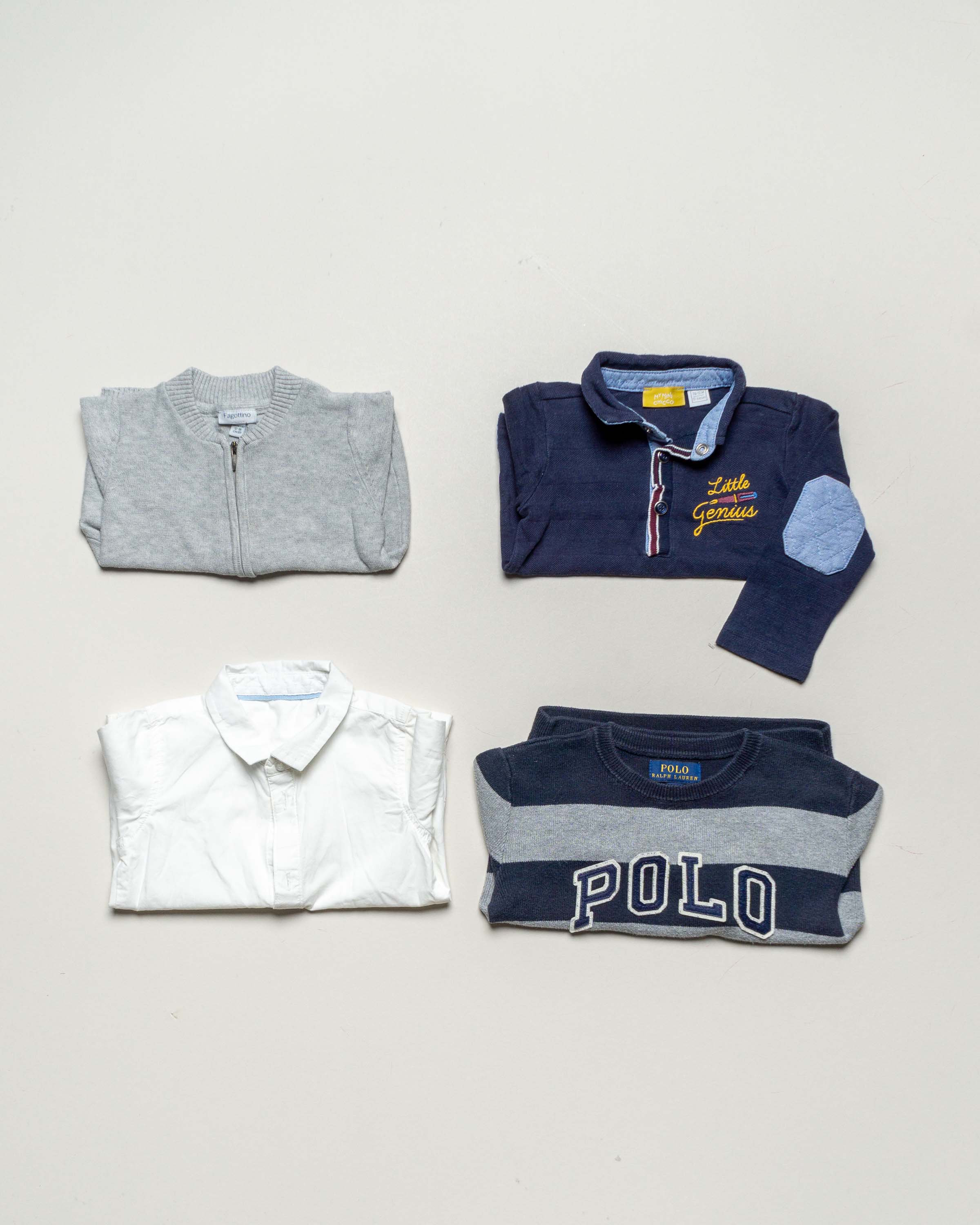 4 Oberteile Gr. 80 – blau – grau weiß Hemd Pullover Mädchen Jungen Set Pack
