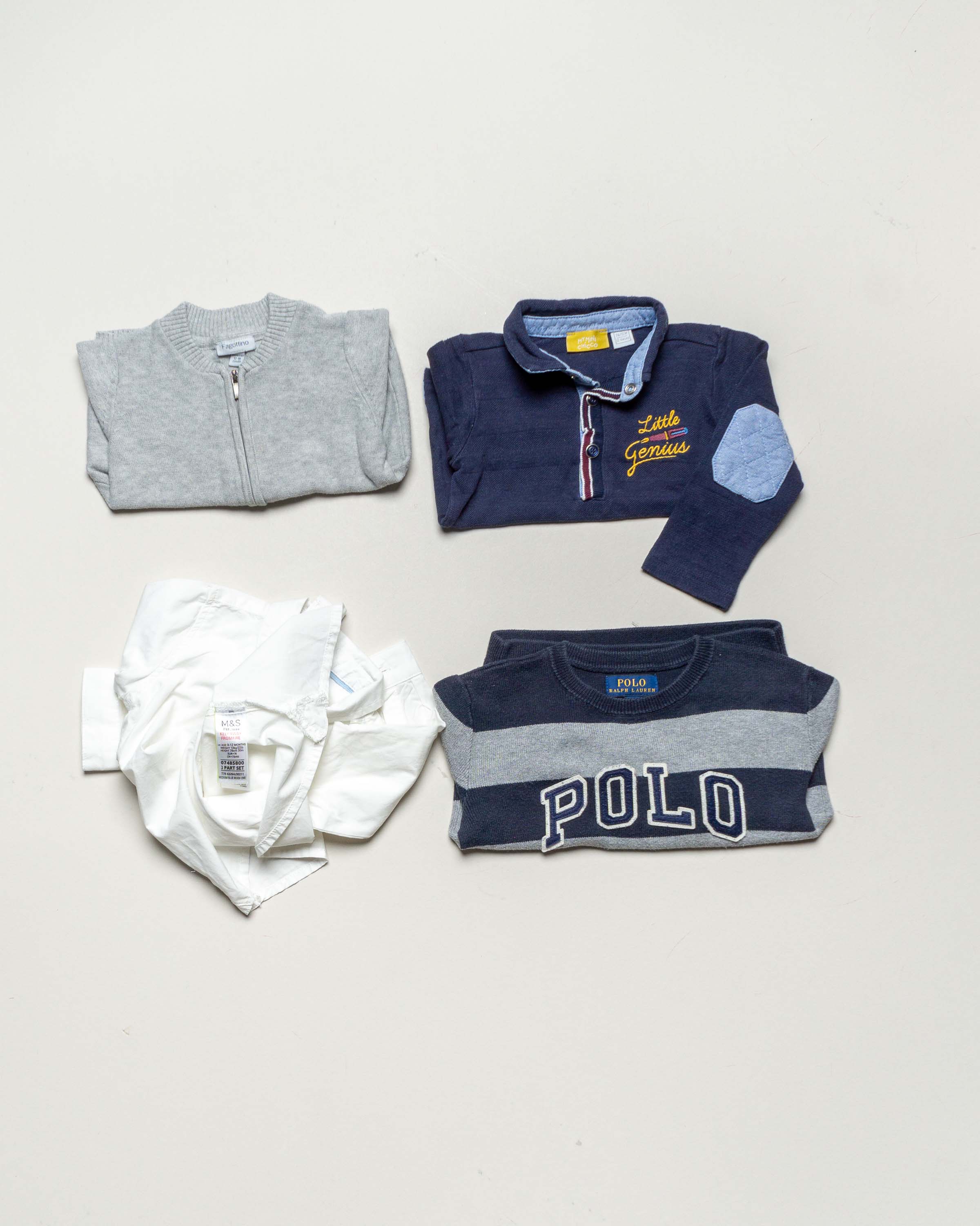 4 Oberteile Gr. 80 – blau – grau weiß Hemd Pullover Mädchen Jungen Set Pack