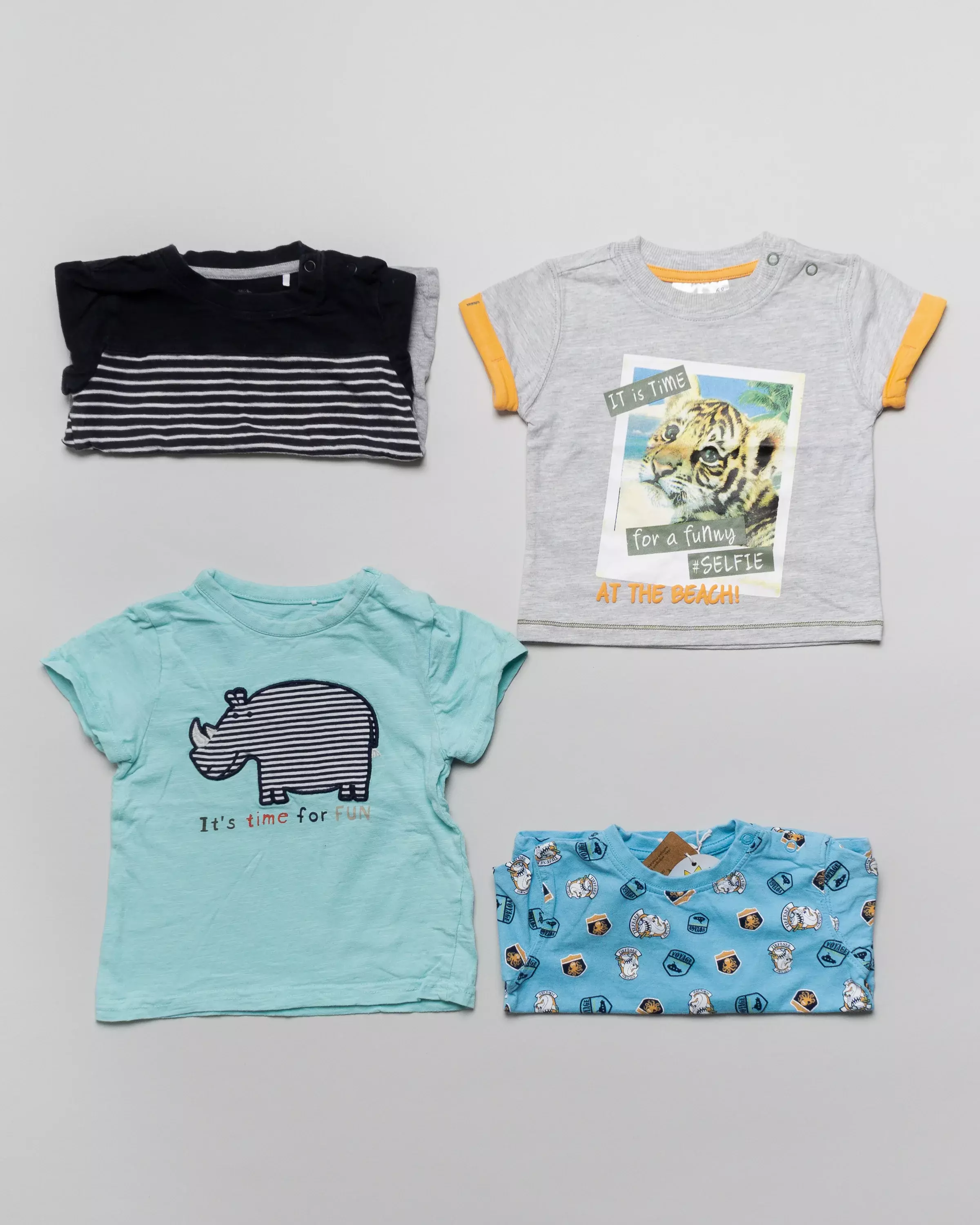 4 Shirts Gr. 68 – T-Shirt, Streifen, blau, grau, Nashorn, Tiere, Tiger, Set, Pack