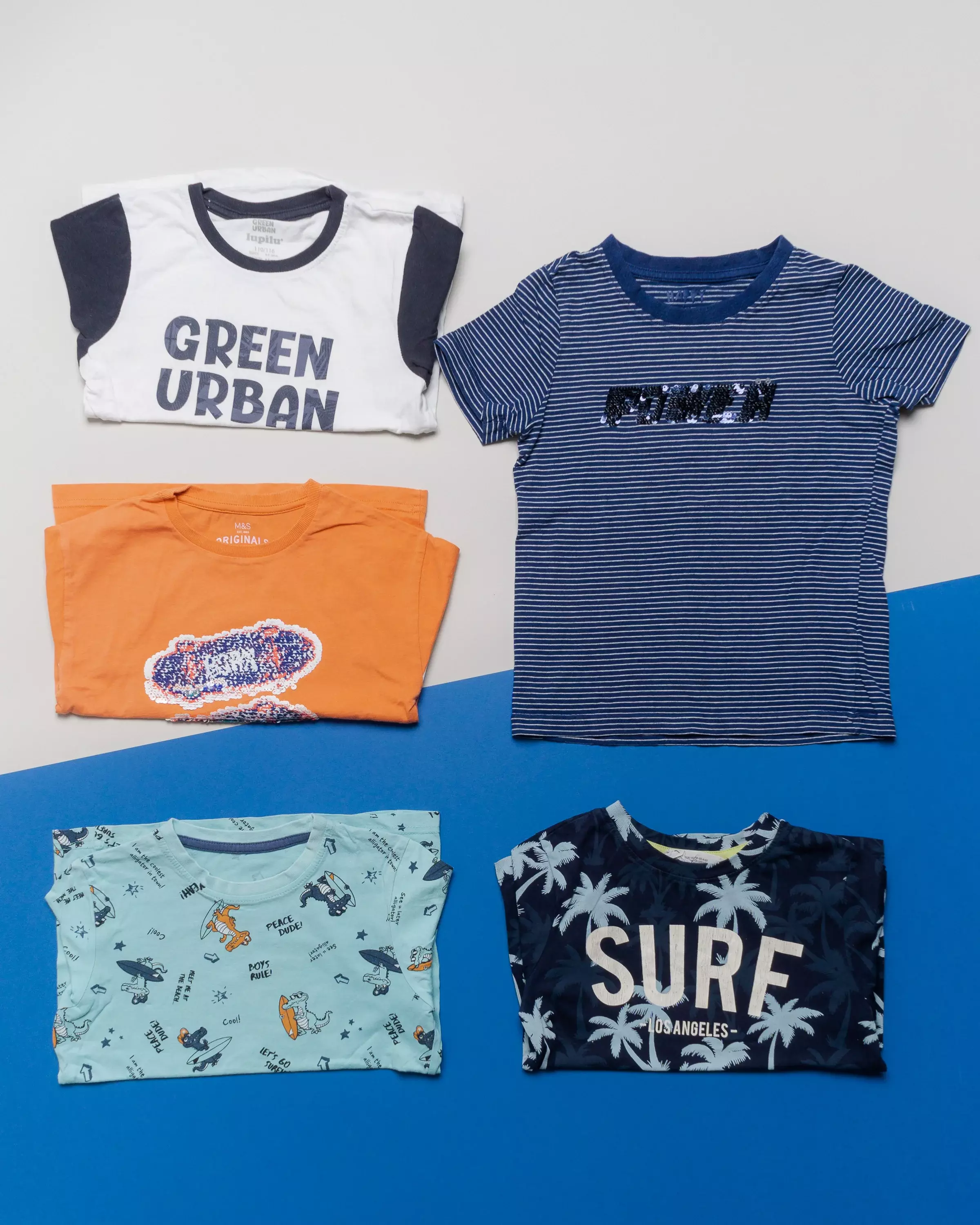 5 T-shirt Gr. 110 – Surf, Beach, Palme, Strand, Krokodil, Pailletten