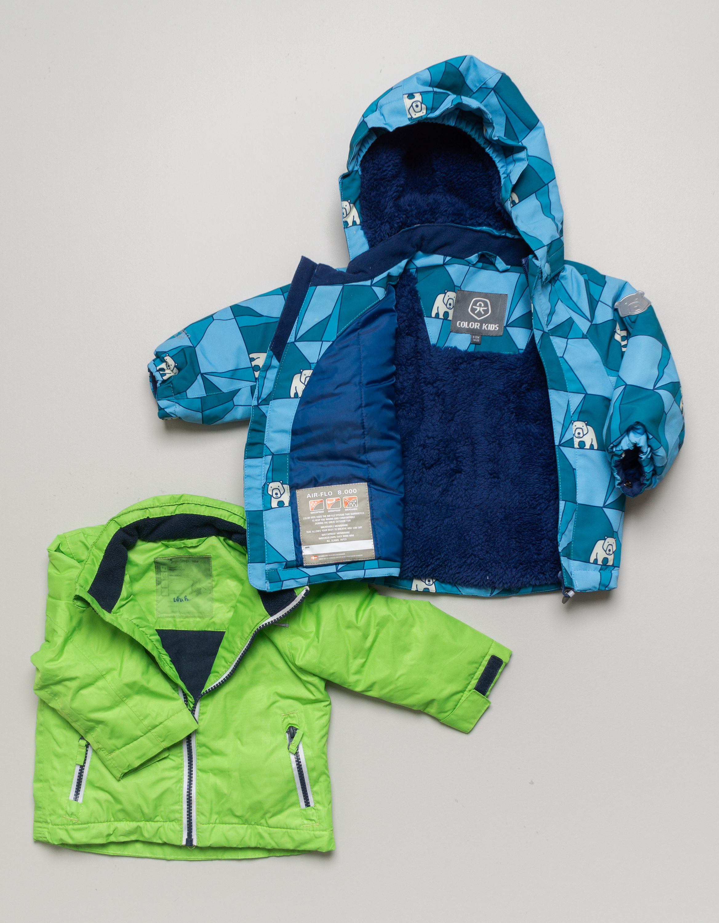 1 Winterjacke Gr. 74/80 – Color Kids Eisbär grün blau Geometrie gemustert Tasche seitlicher Reißverschluss gefüttert Fell