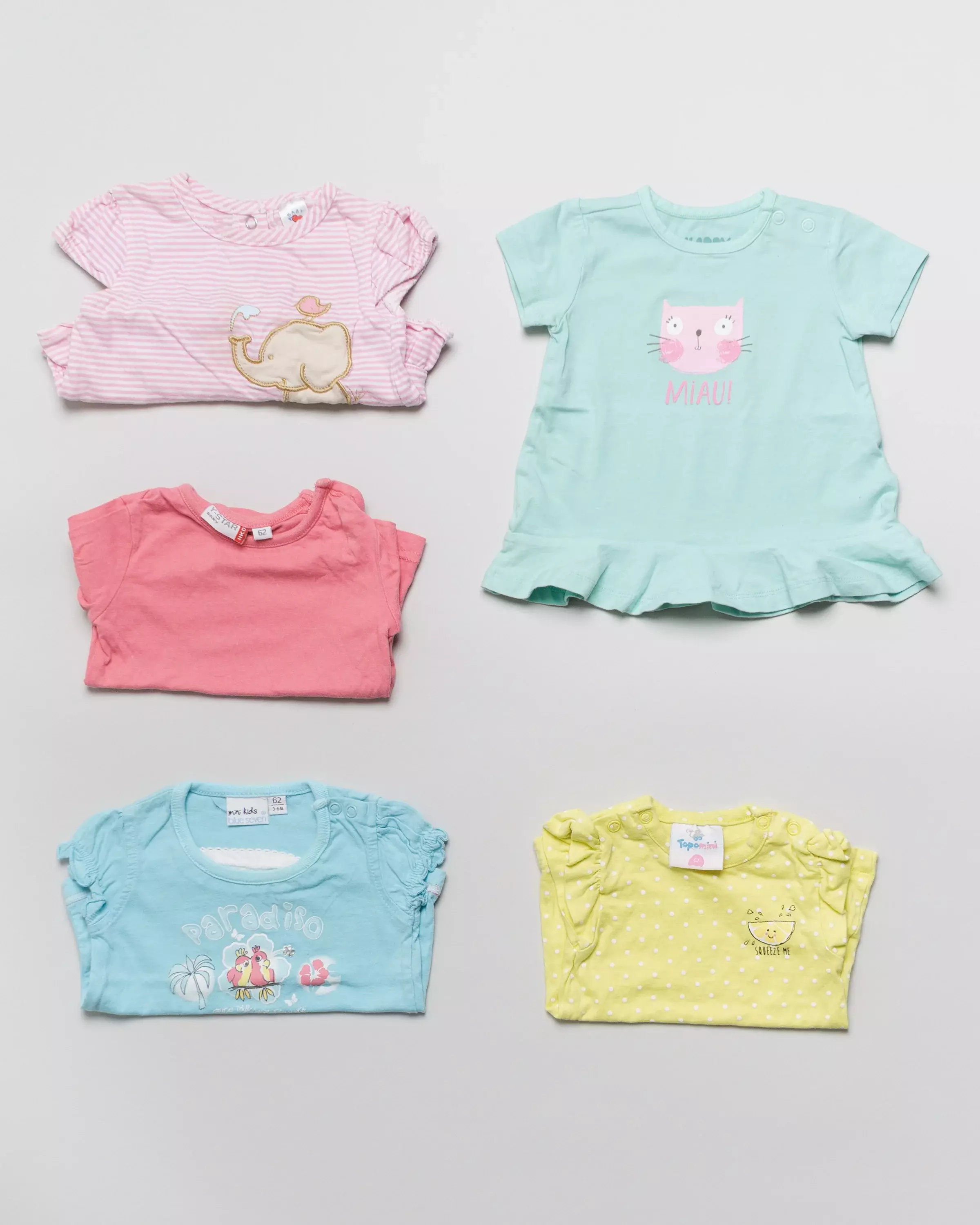 5 T-Shirts Gr. 62 – Kurzarm, Streifen, Tiere, Print, Rüschen, pink, gelb, Set, Pack