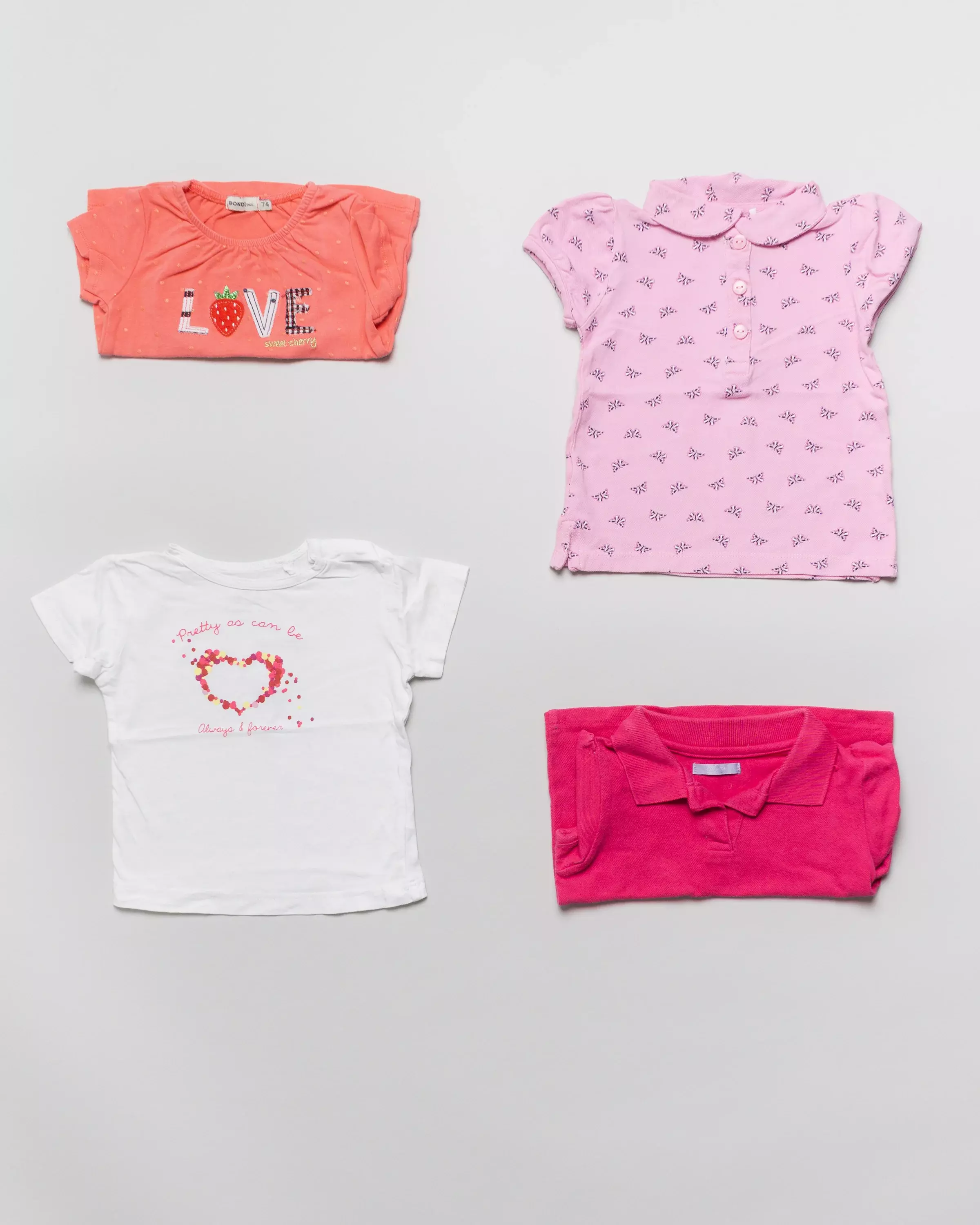4 T-Shirts Gr. 74 – Poloshirt, Schmetterlinge, Herz, Erdbeere, pink, weiß, Set, Pack