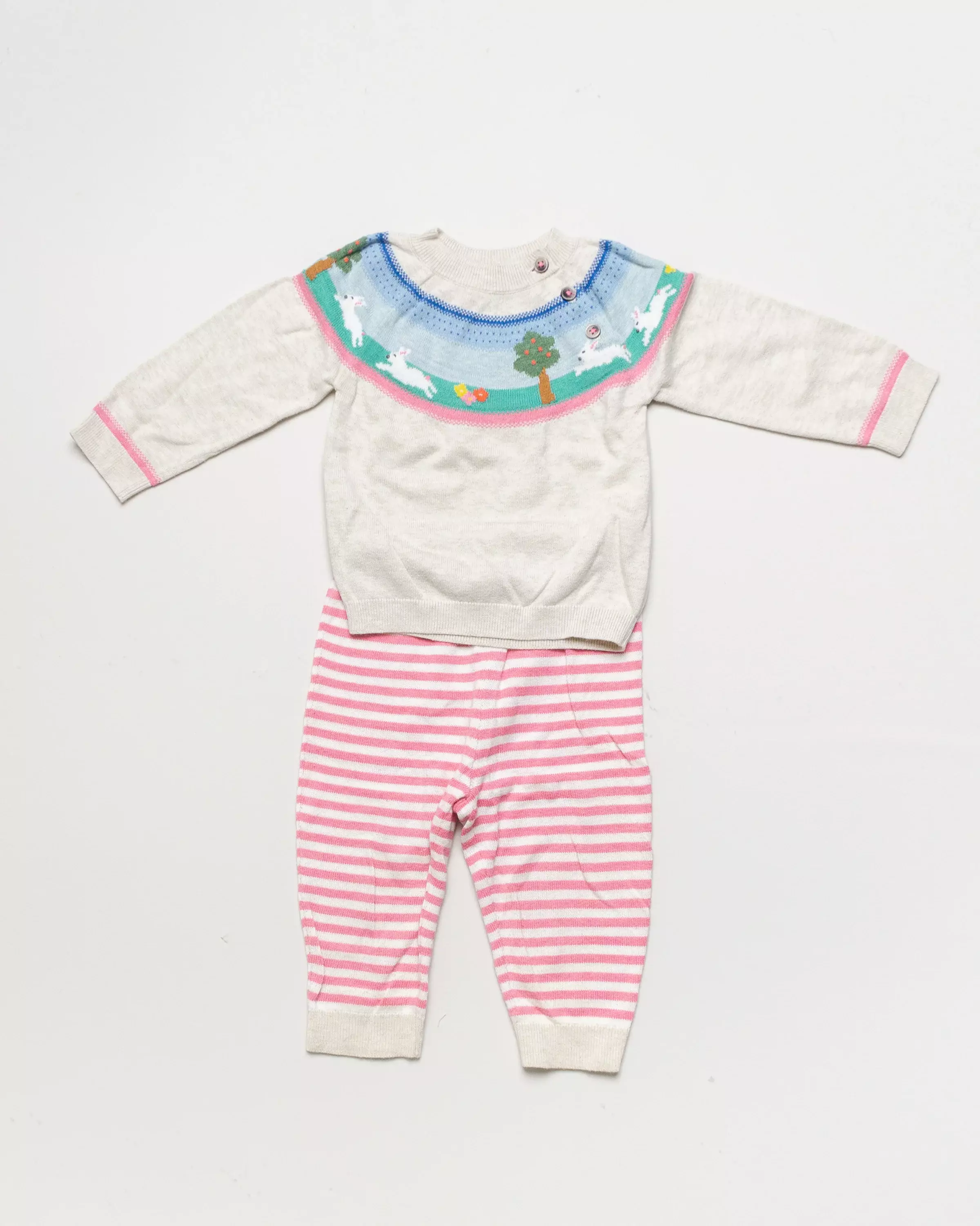 Outfit Gr. 80 – BabyBoden Strickjacke Strickhose Häschen Streifen Mädchen Tiere neuwertig
