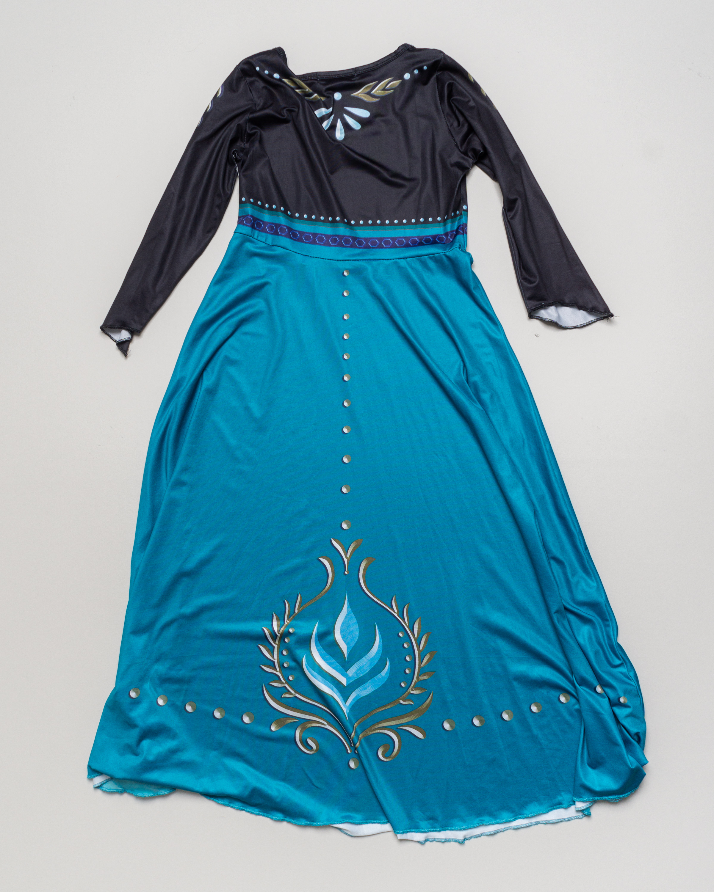 1 Kleid 1 Umhang Gr. 134/140/146 – blau schwarz Print Kostüm Langarm Frozen Fasching Karneval Verkleidung
