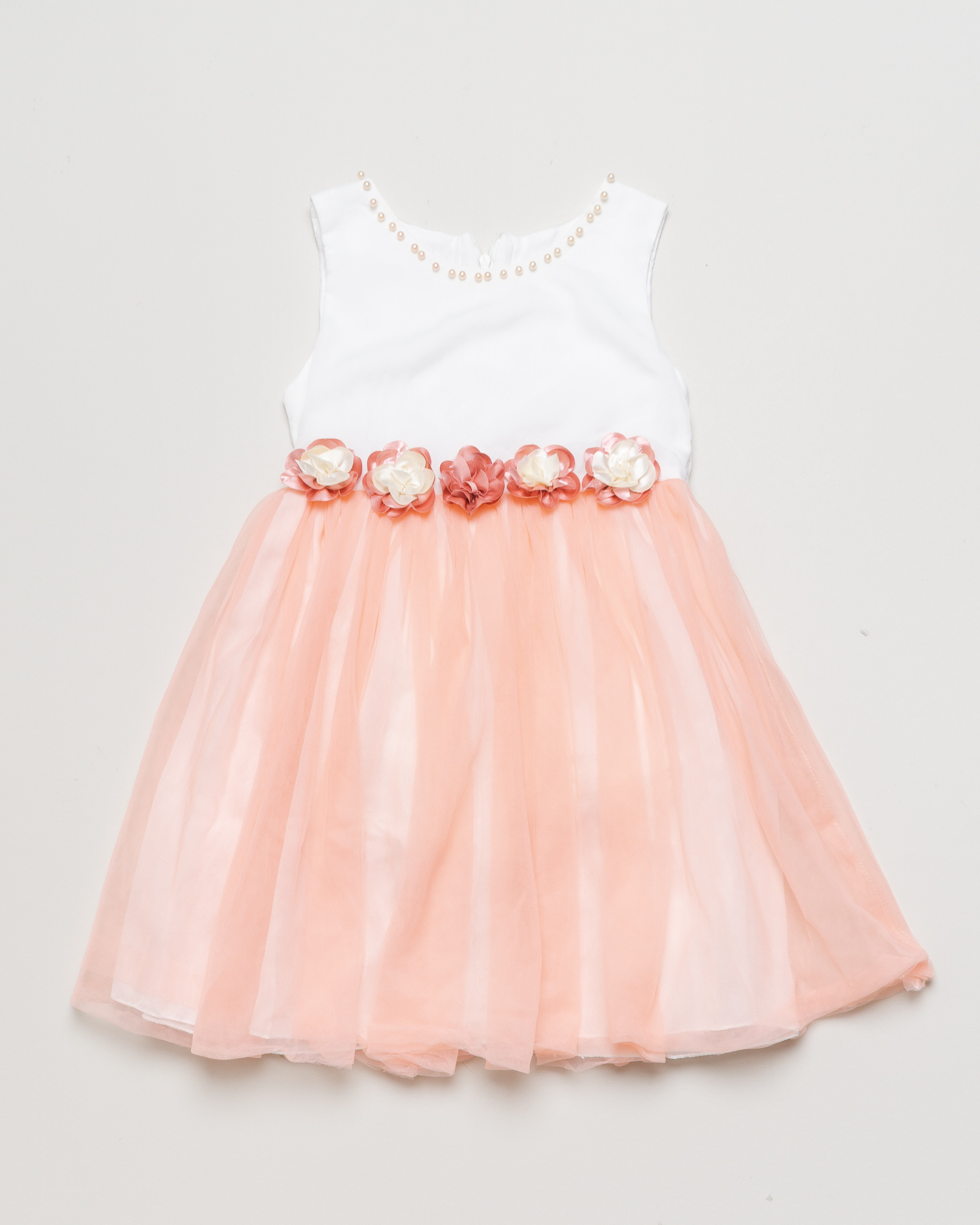 1 Kleid Gr. 116-122 – weiß rosa pfirsich Blumen Perlen Tüll Festlich 