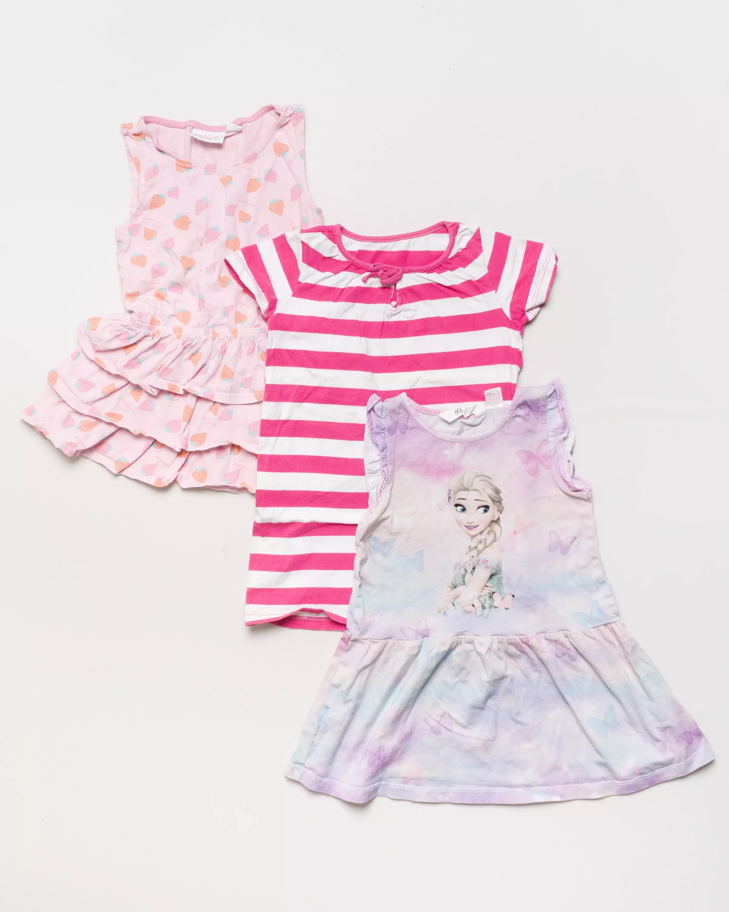 3 Kleider Gr. 98 – Frozen Streifen Erdbeeren pastell Elsa Disney Mädchen Set Pack