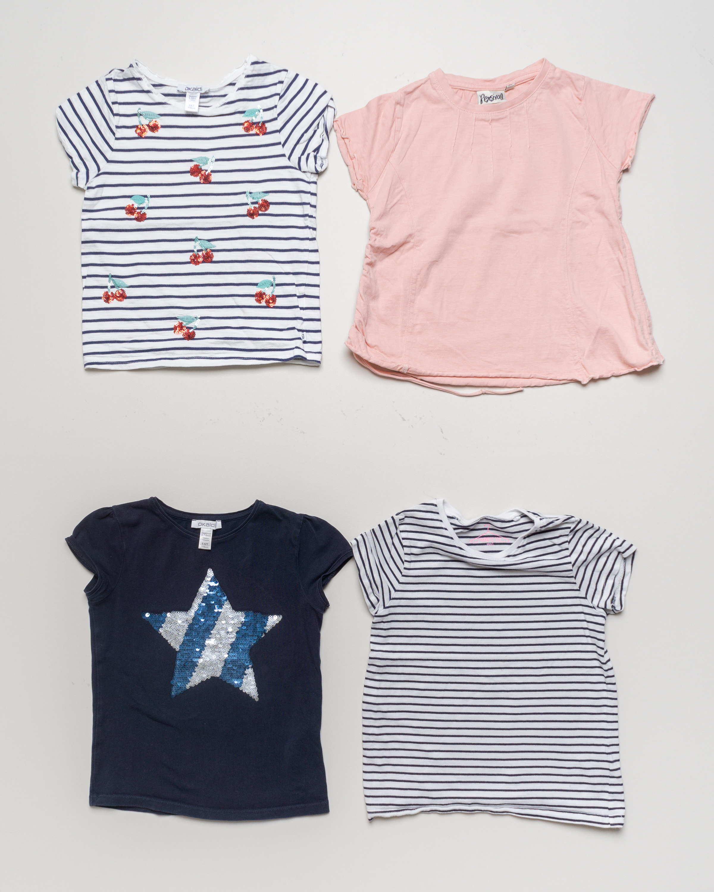 4x Oberteile Gr. 116 – 1x NEXT 2x OKAIDI T-Shirts Kirschen Streifen Pailletten Set Pack