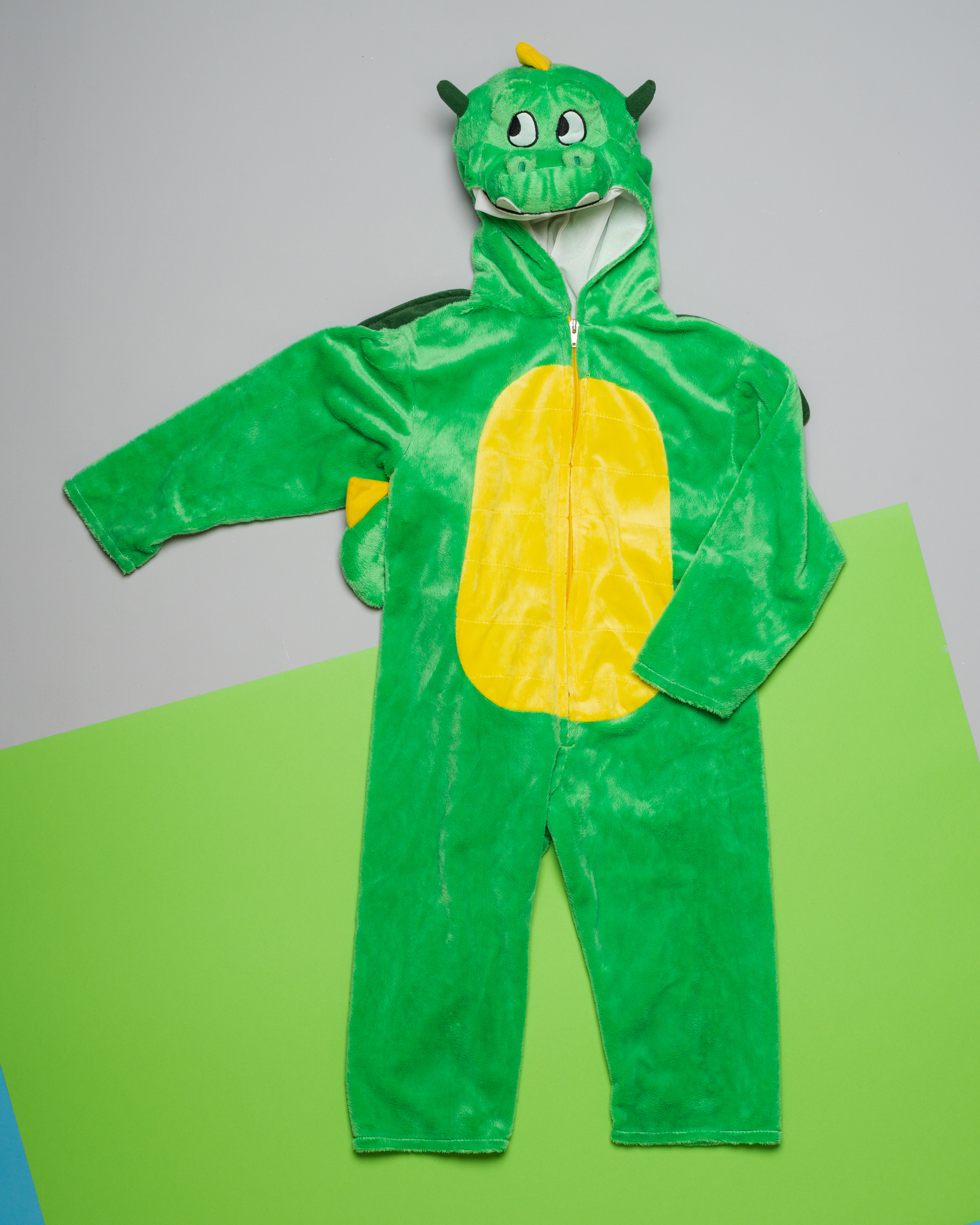 Dino Kostüm für unisex Gr. 104/110 – Verkleidung Karneval Fasching Drache Dinosaurier grün gelb flauschig