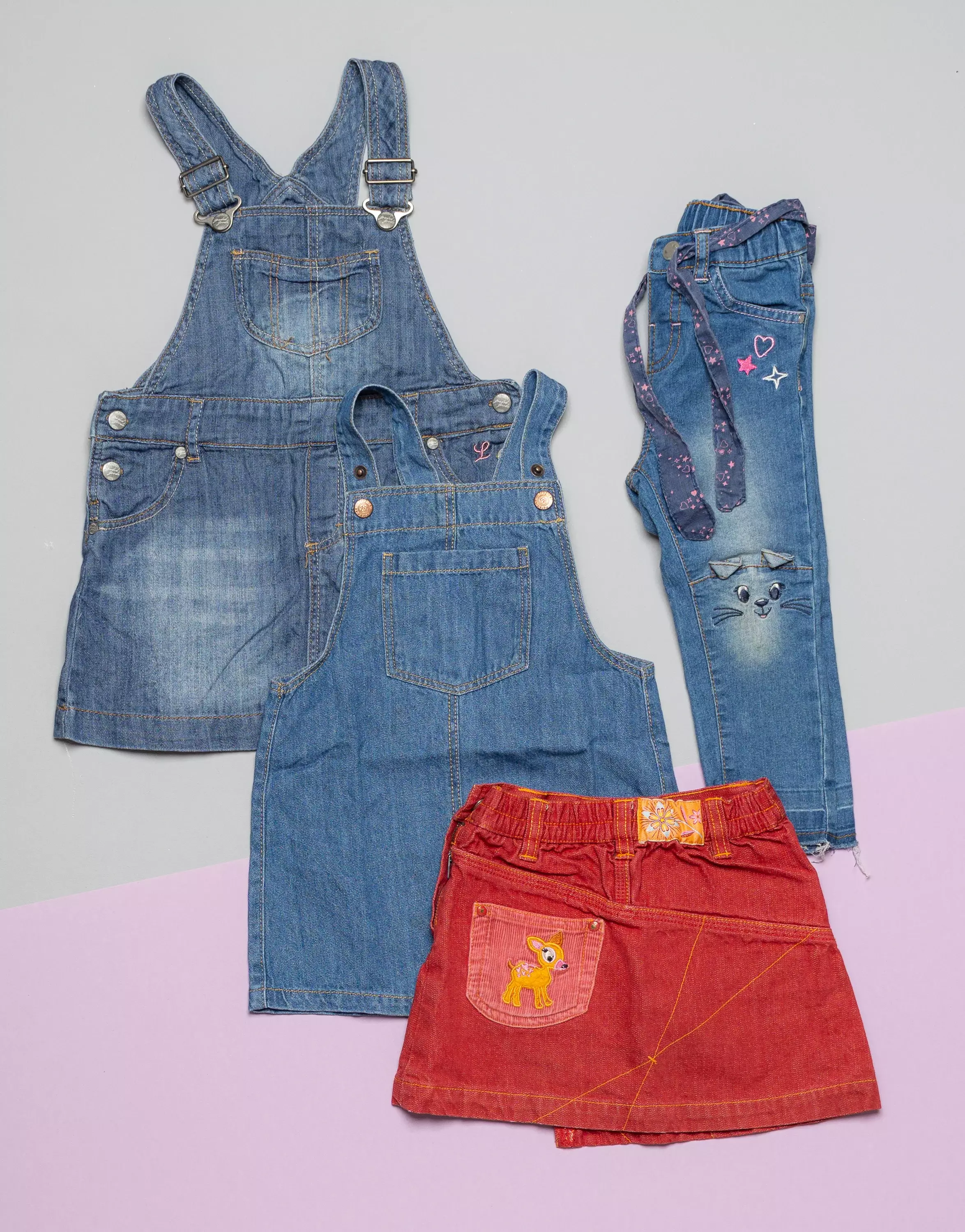 2 Kleider, 1 Hose & 1 Rock Gr. 86 - Jeans, Katze, Sterne, Herzen