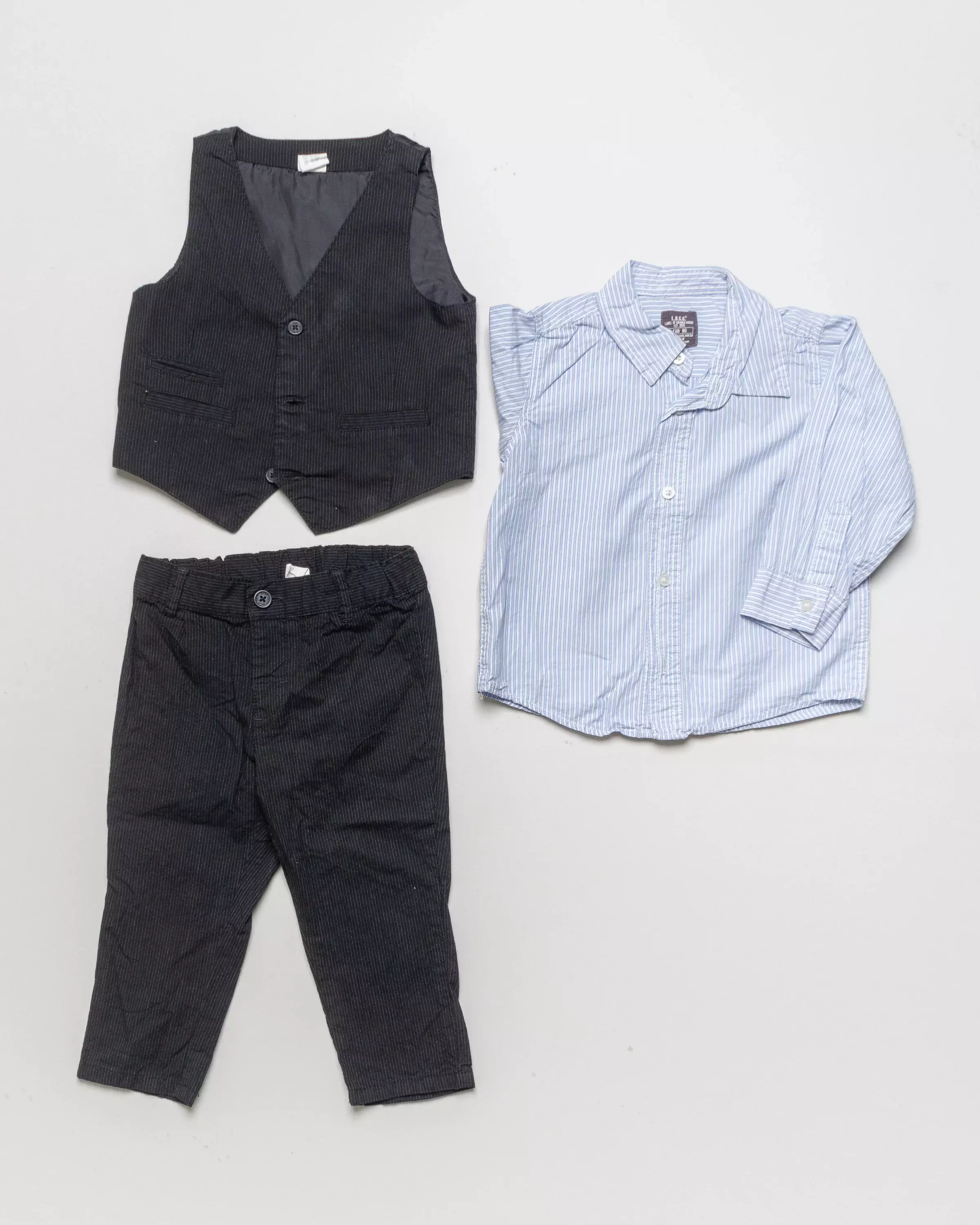 1 Outfit Gr. 86 – Hemd Weste Lange Hose Streifen Blau Schwarz Unisex Set Pack