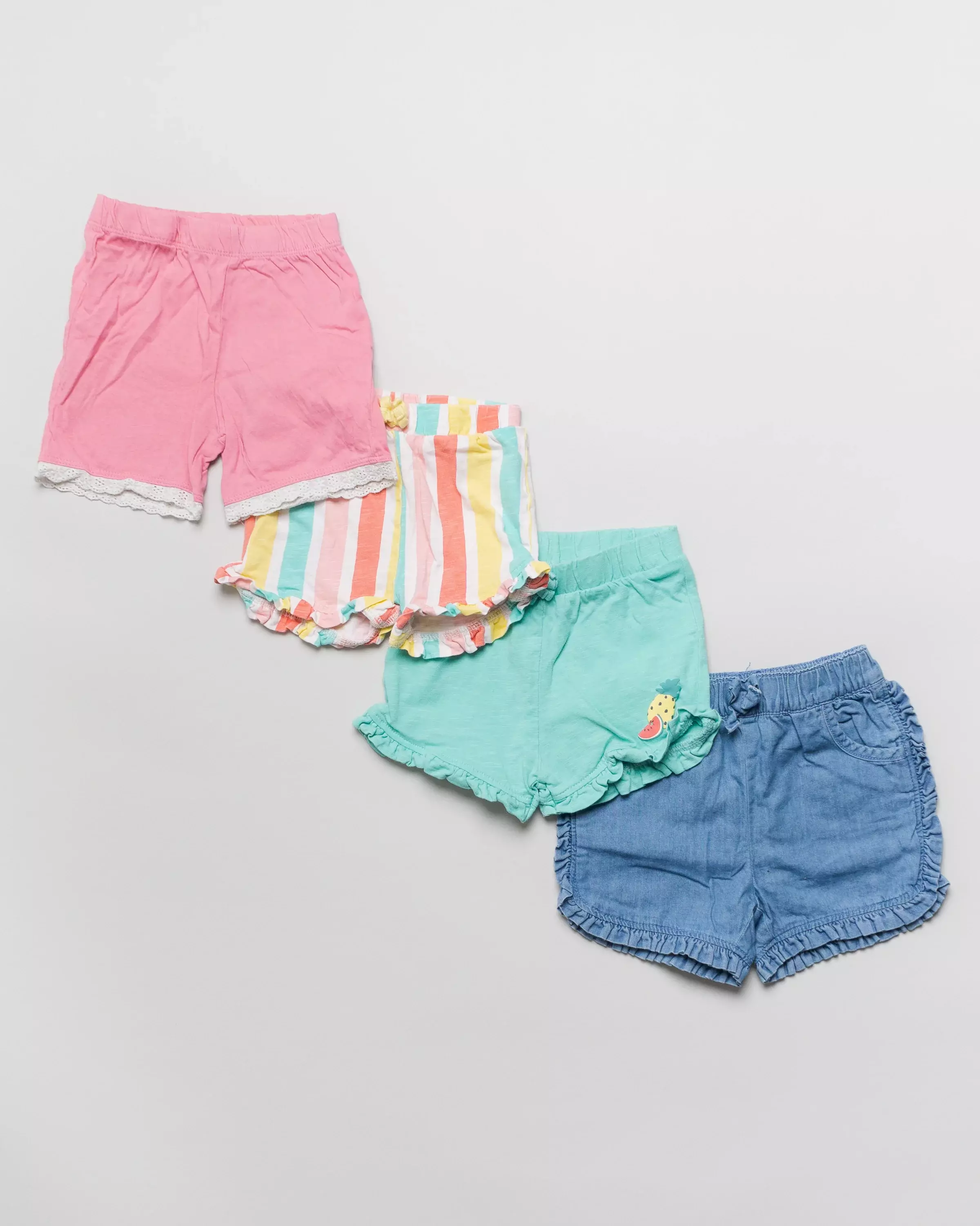 4 Shorts Gr. 74 – Kurze Hosen, Jeans, Streifen, Wassermelone, Ananas, pink, blau, Set, Pack