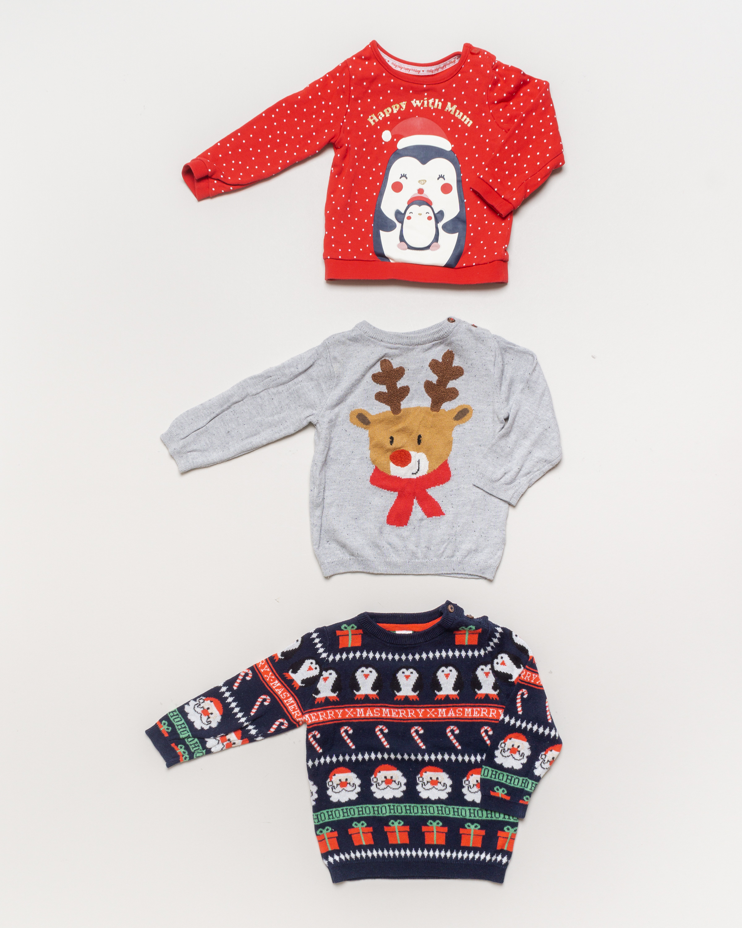 1 Pullover Gr. 80 – Weihnachten Tiere Rentier Pinguin Weihnachtsmann
