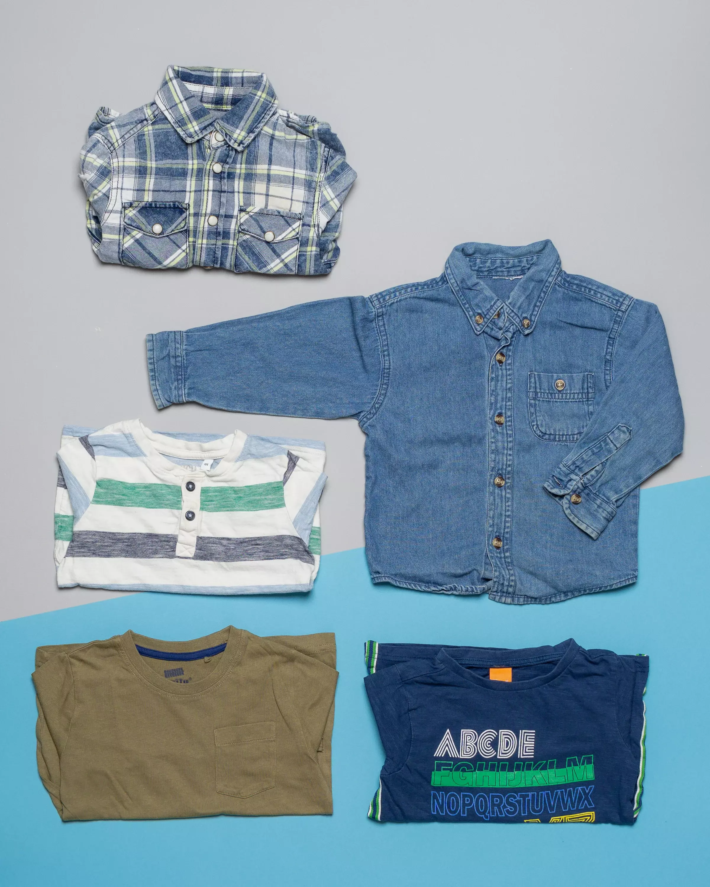3 Langarmshirts & 2 Hemden Gr. 98 - Jeans, Streifen, Kariert
