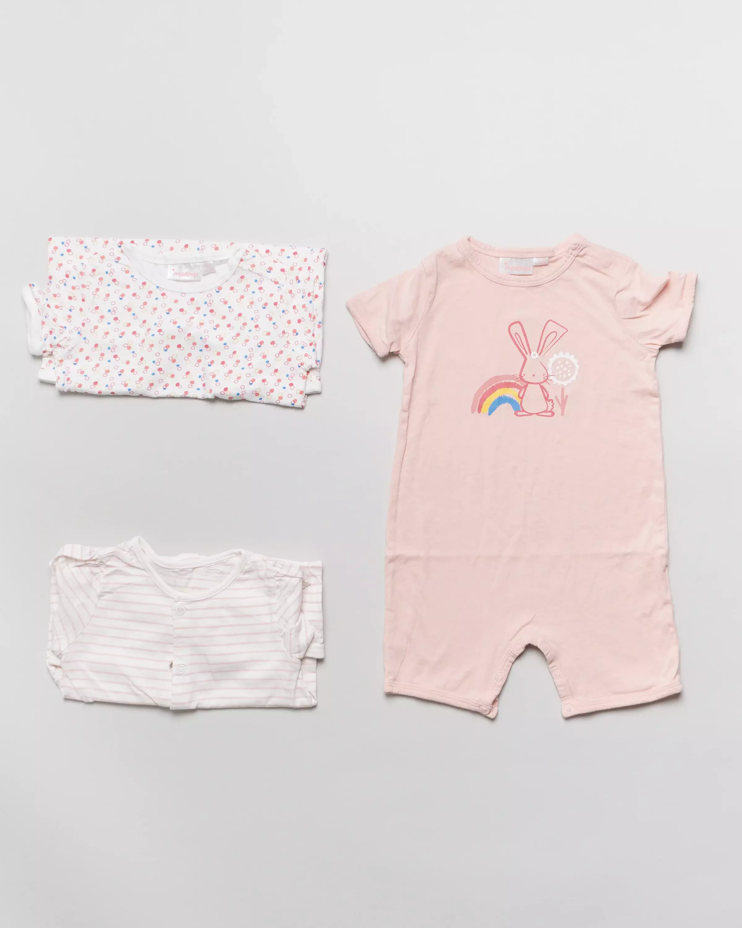 3 Schlafanzüge Gr. 74 – Body, Kurzarm, Punkte, Streifen Hase rosa Set Pack Baby