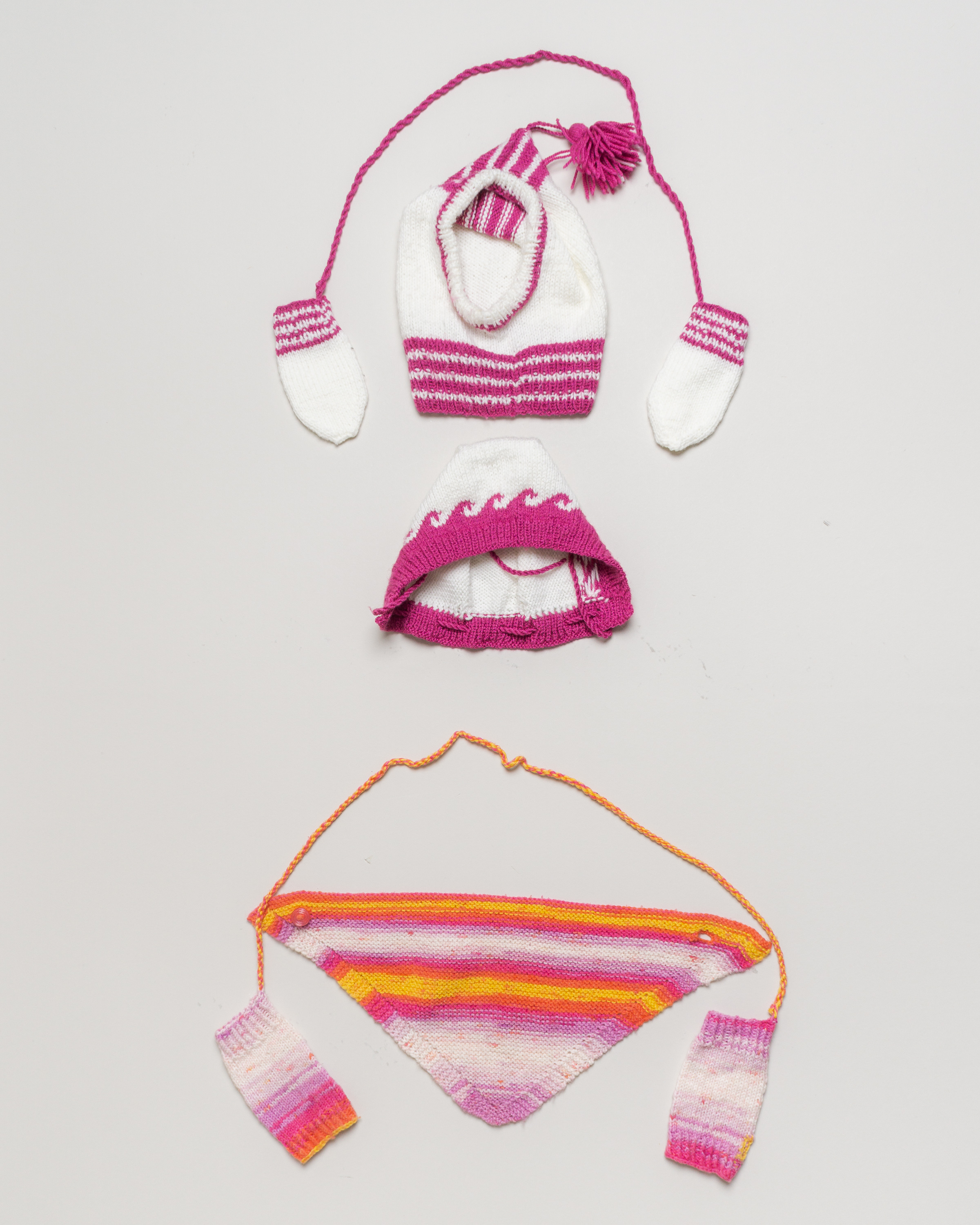 1 Mütze, Schal & Handschuhe Set Gr. 92-110 – rosa lila Strick Kombi Streifen Handwärmer