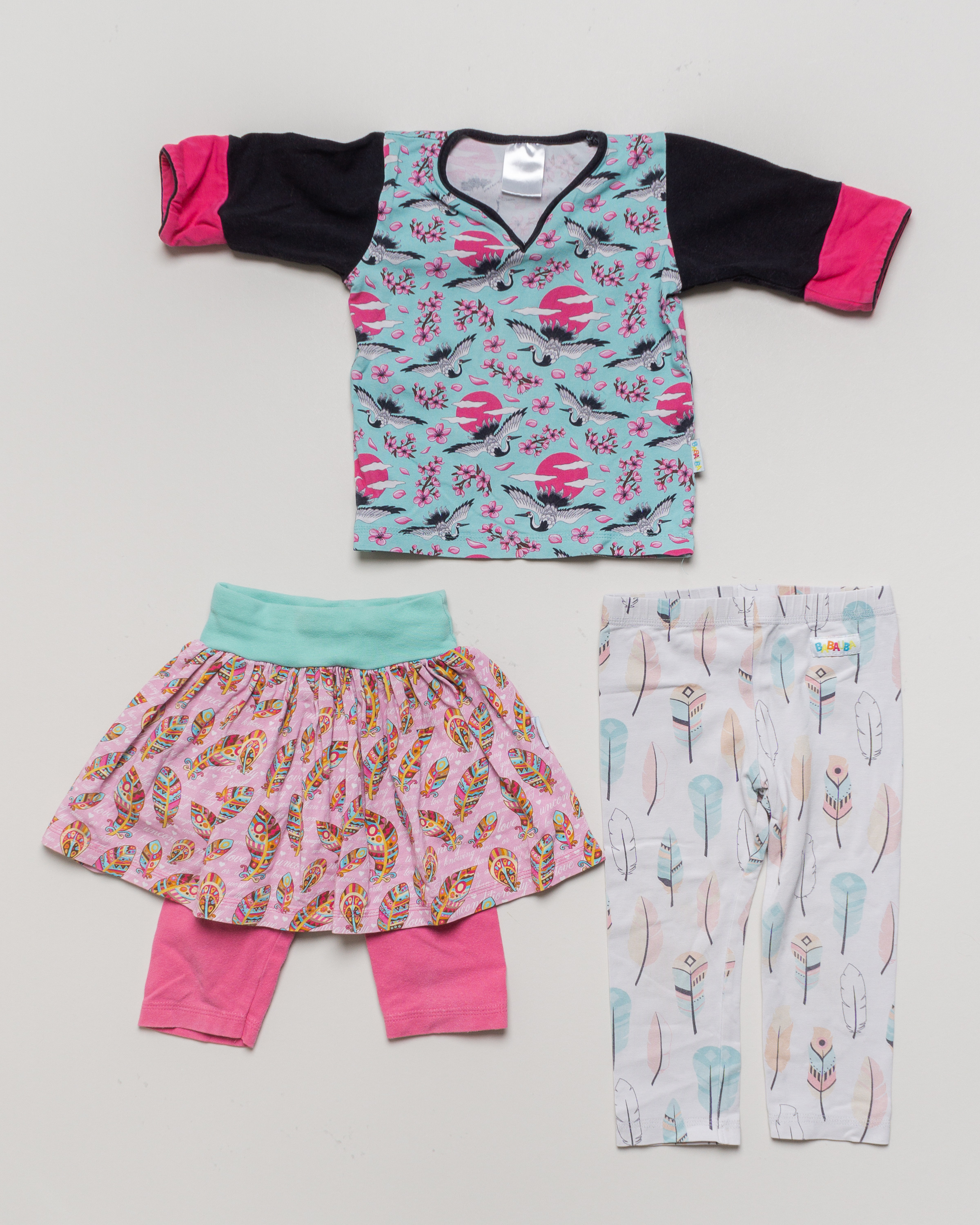 Babauda Set Gr. 86 – Shirt, Rock & Leggings Federn Vögel Tiere pink