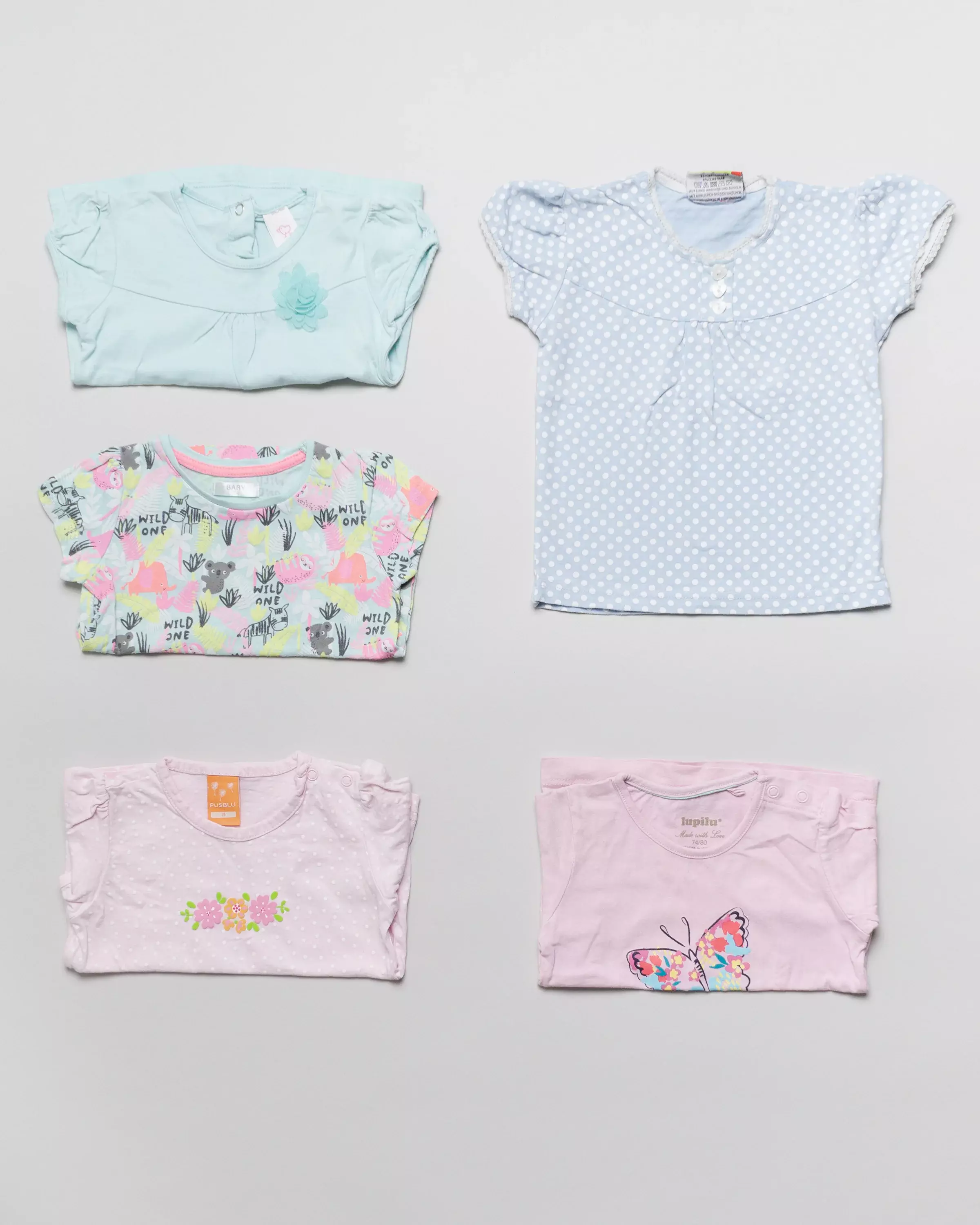 5 T-Shirts Gr. 74 – Schmetterlinge, Punkte, Blumen, Tiere, blau, rosa, Set, Pack