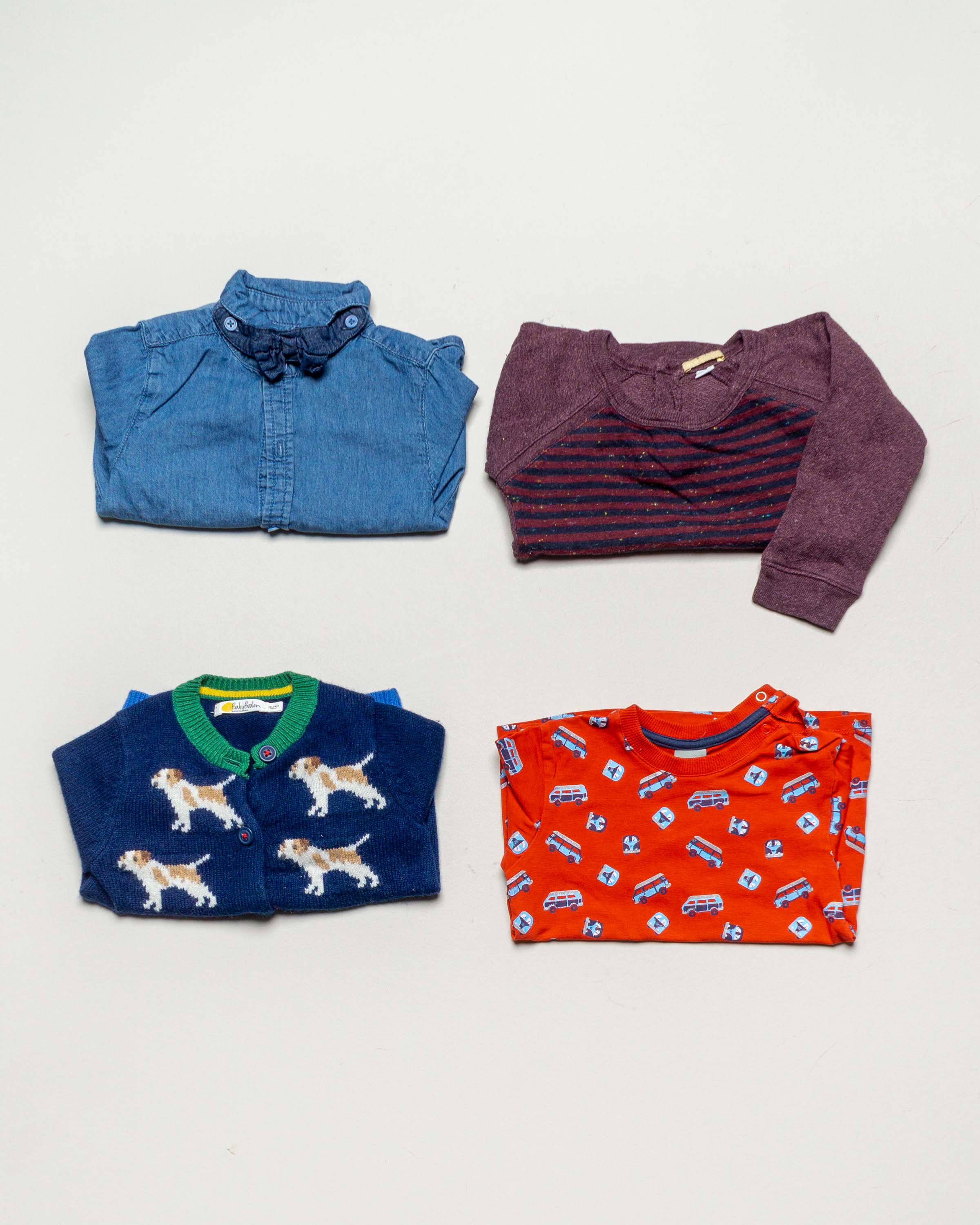 4 Oberteile Gr. 86 – 1x Baby Boden 1x Kanz bunt – kräftige Farben Pullover Hemd schick Muster Mädchen Jungen Set Pack