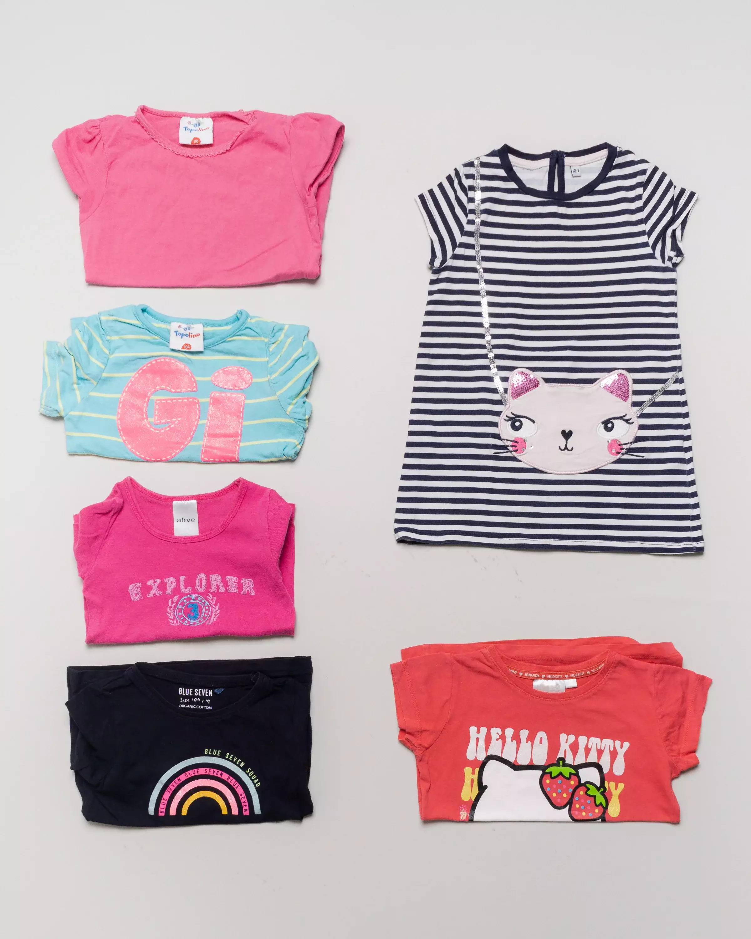 6 T-Shirts Gr. 104 – Hello Kitty, Streifen, Katzen, Print, pink, blau, Set, Pack
